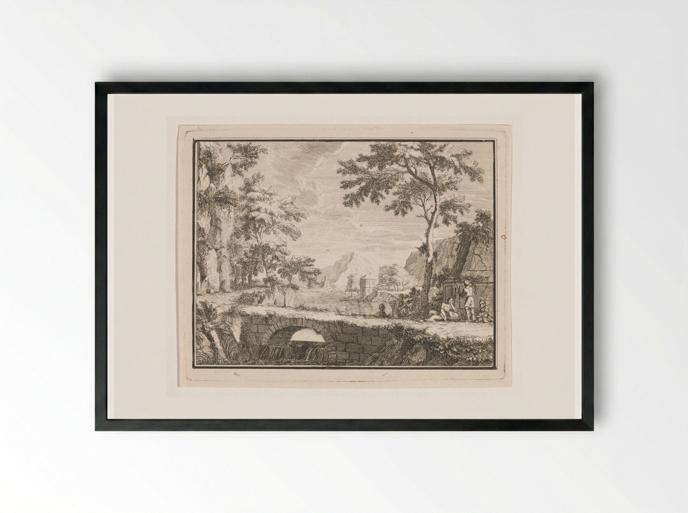 Arcadian Landscape with Fishermen by a Stone Bridge - Louis Fabritius Dubourg - Framed Print Black