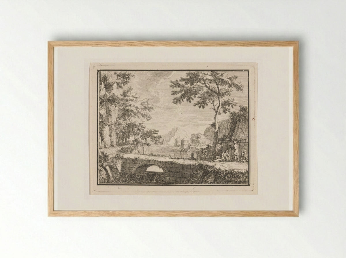 Arcadian Landscape with Fishermen by a Stone Bridge - Louis Fabritius Dubourg - Framed Print Wood