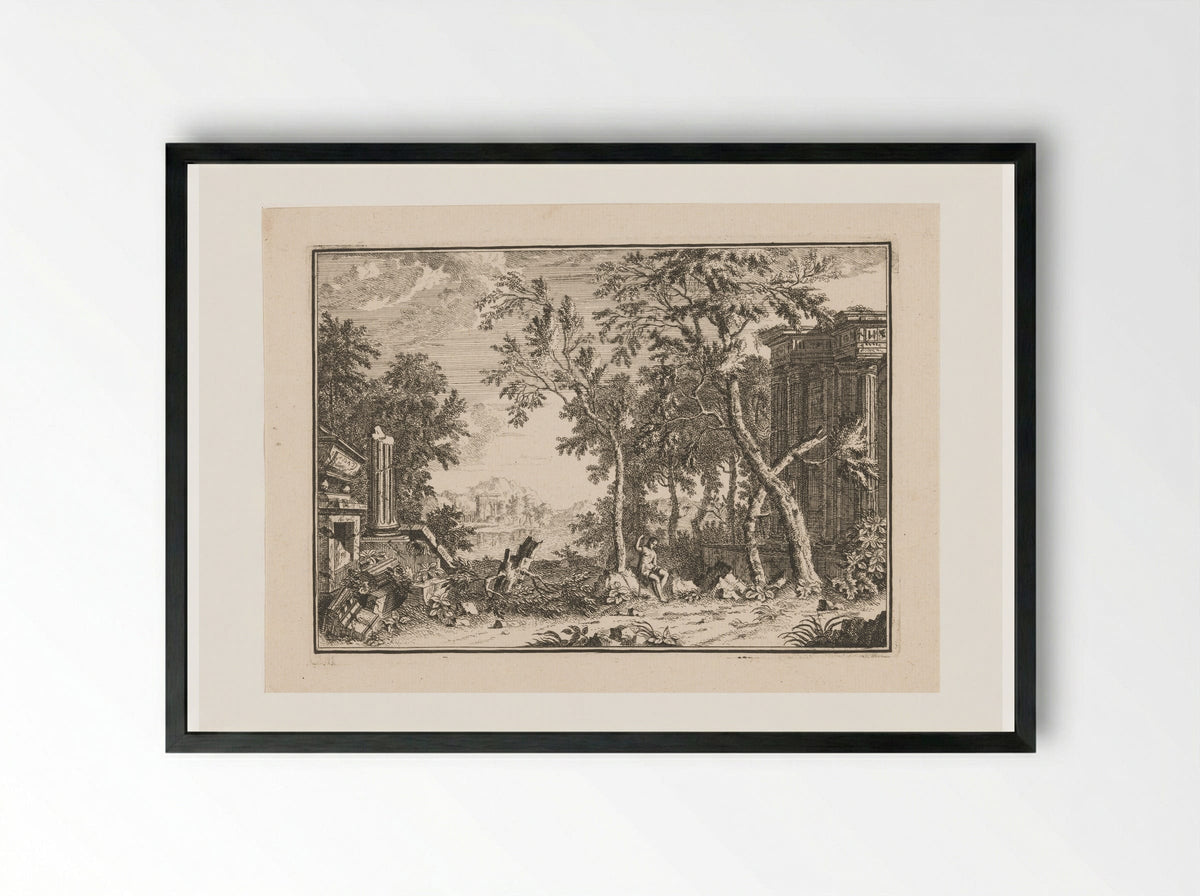 Arcadian Landscape with Shepherd Among Ruins - Louis Fabritius Dubourg - Framed Print Black