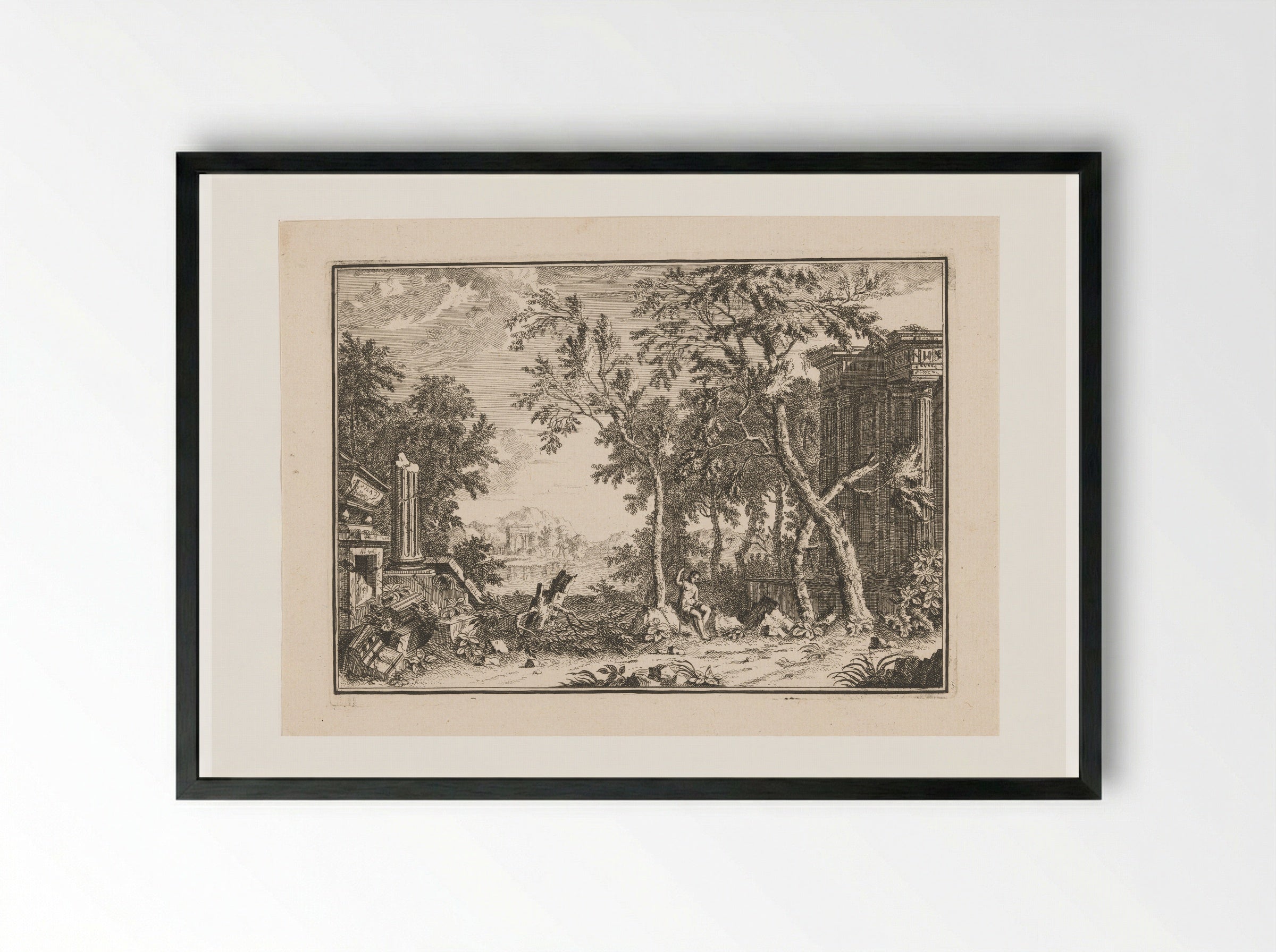 Arcadian Landscape with Shepherd Among Ruins - Louis Fabritius Dubourg - Framed Print Black