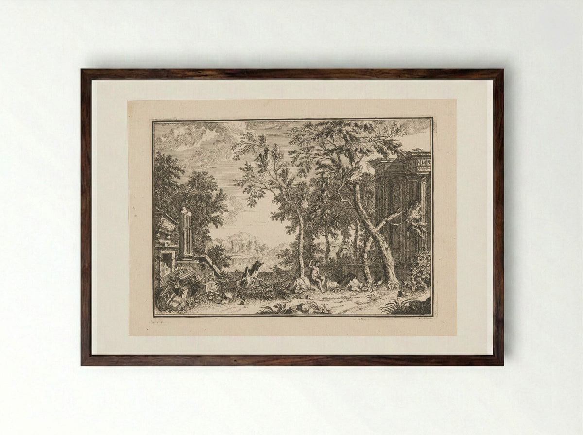 Arcadian Landscape with Shepherd Among Ruins - Louis Fabritius Dubourg - Framed Print Dark Wood
