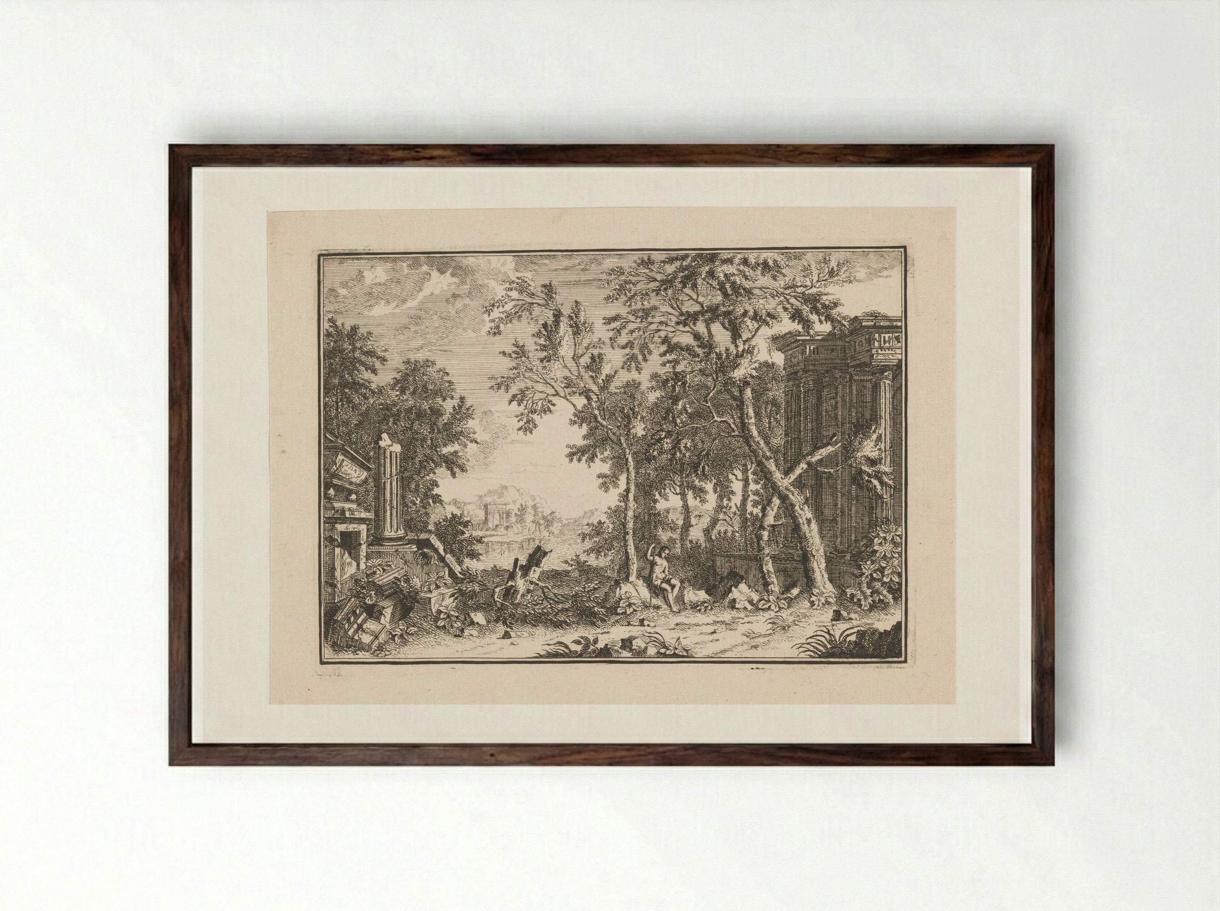 Arcadian Landscape with Shepherd Among Ruins - Louis Fabritius Dubourg - Framed Print Dark Wood