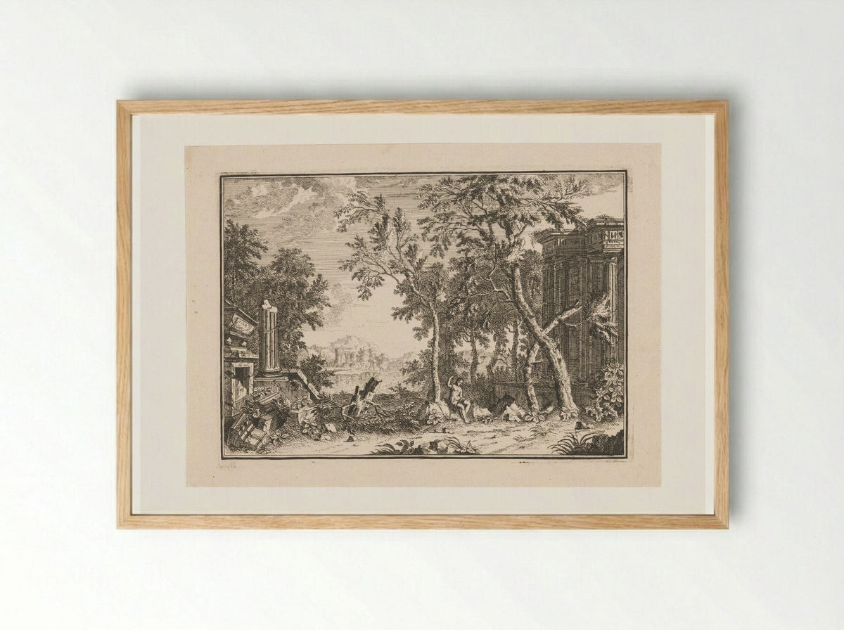 Arcadian Landscape with Shepherd Among Ruins - Louis Fabritius Dubourg - Framed Print Wood