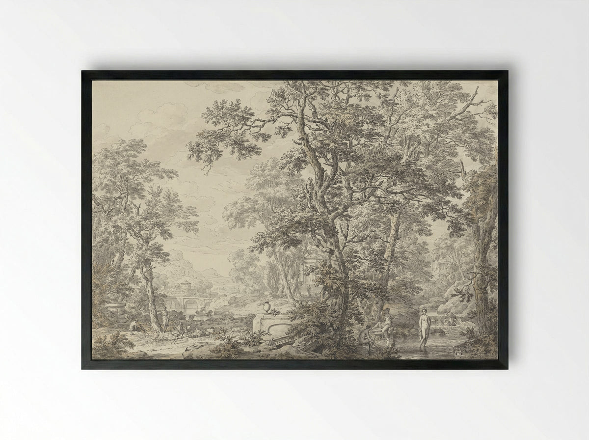 Arcadian Landscape with Shepherd and Bathing Women - Jean Grandjean - Framed Print Black