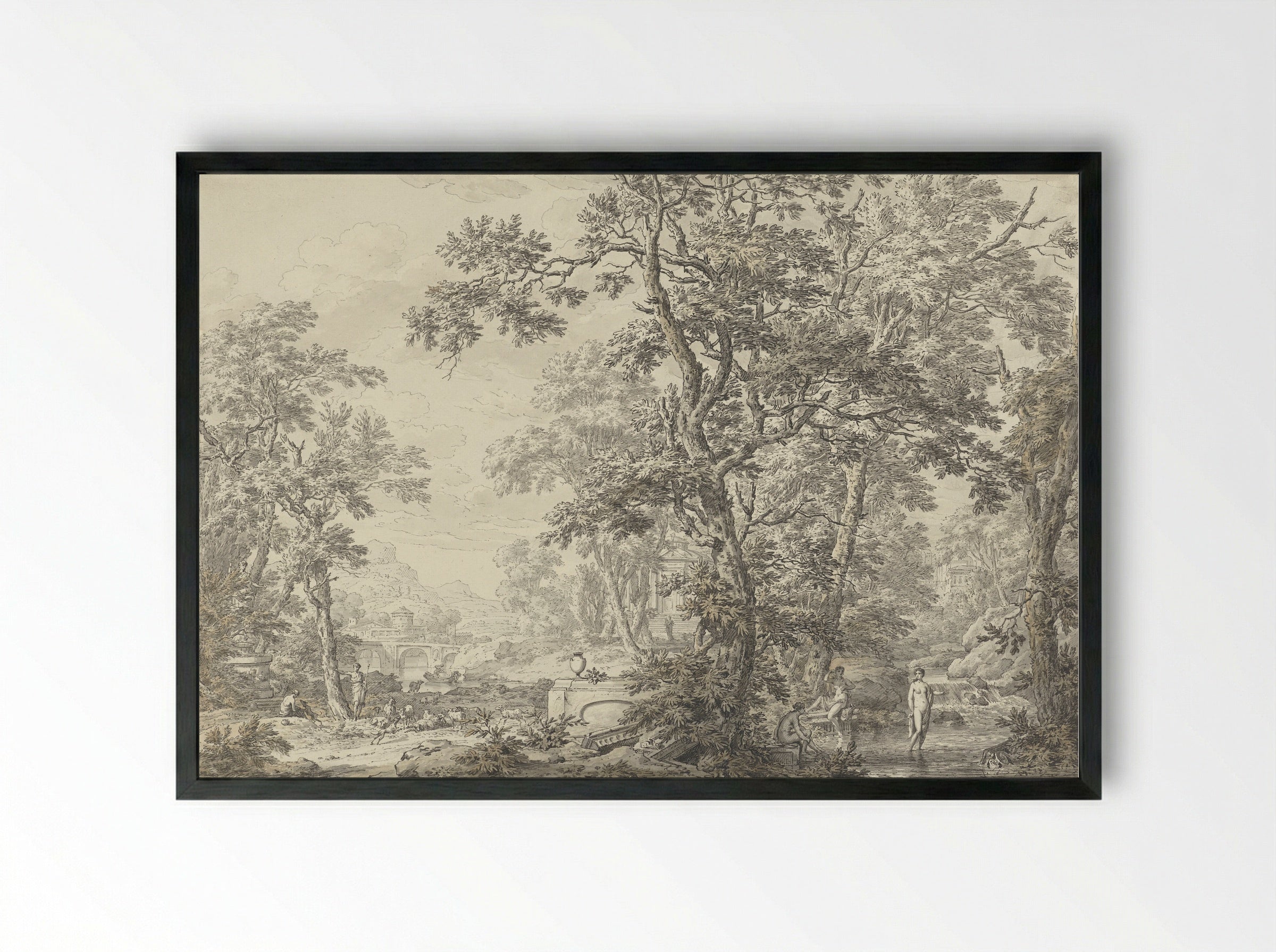 Arcadian Landscape with Shepherd and Bathing Women - Jean Grandjean - Framed Print Black