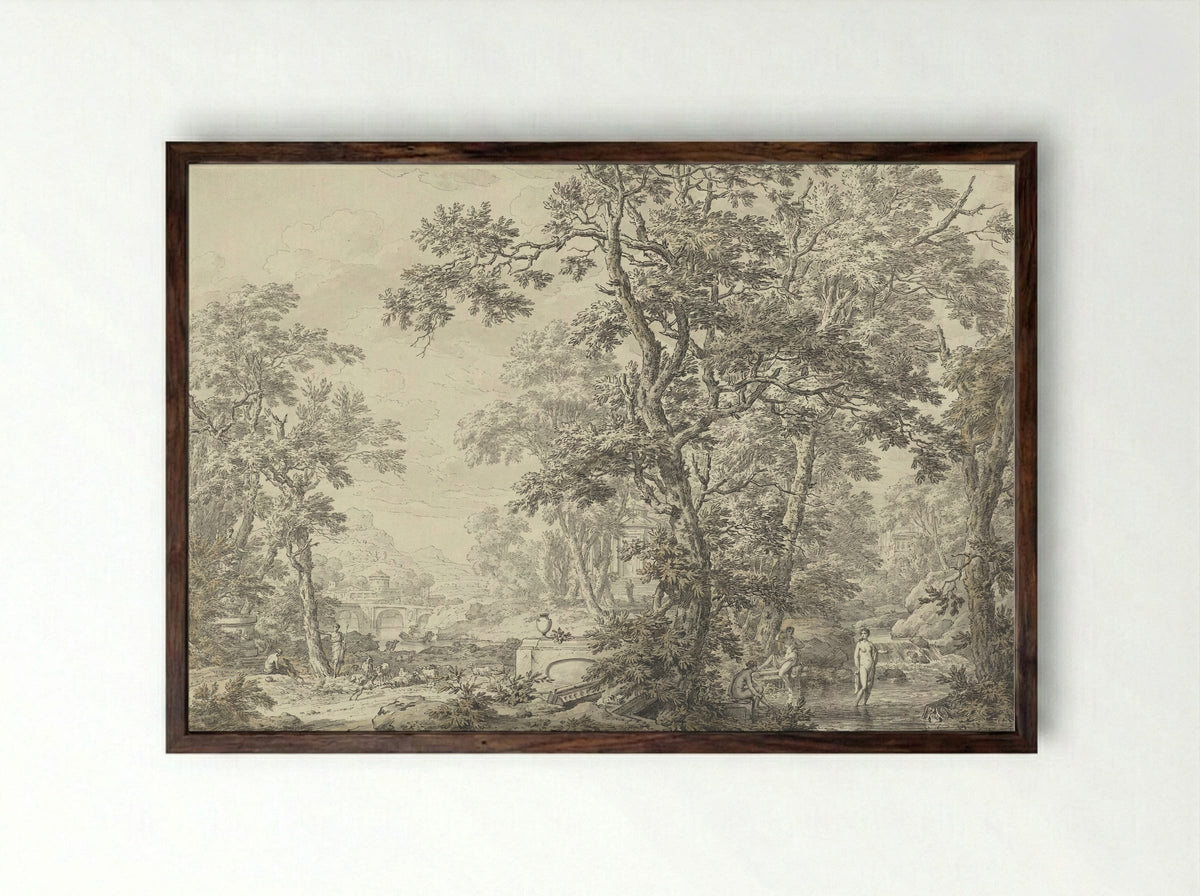 Arcadian Landscape with Shepherd and Bathing Women - Jean Grandjean - Framed Print Dark Wood