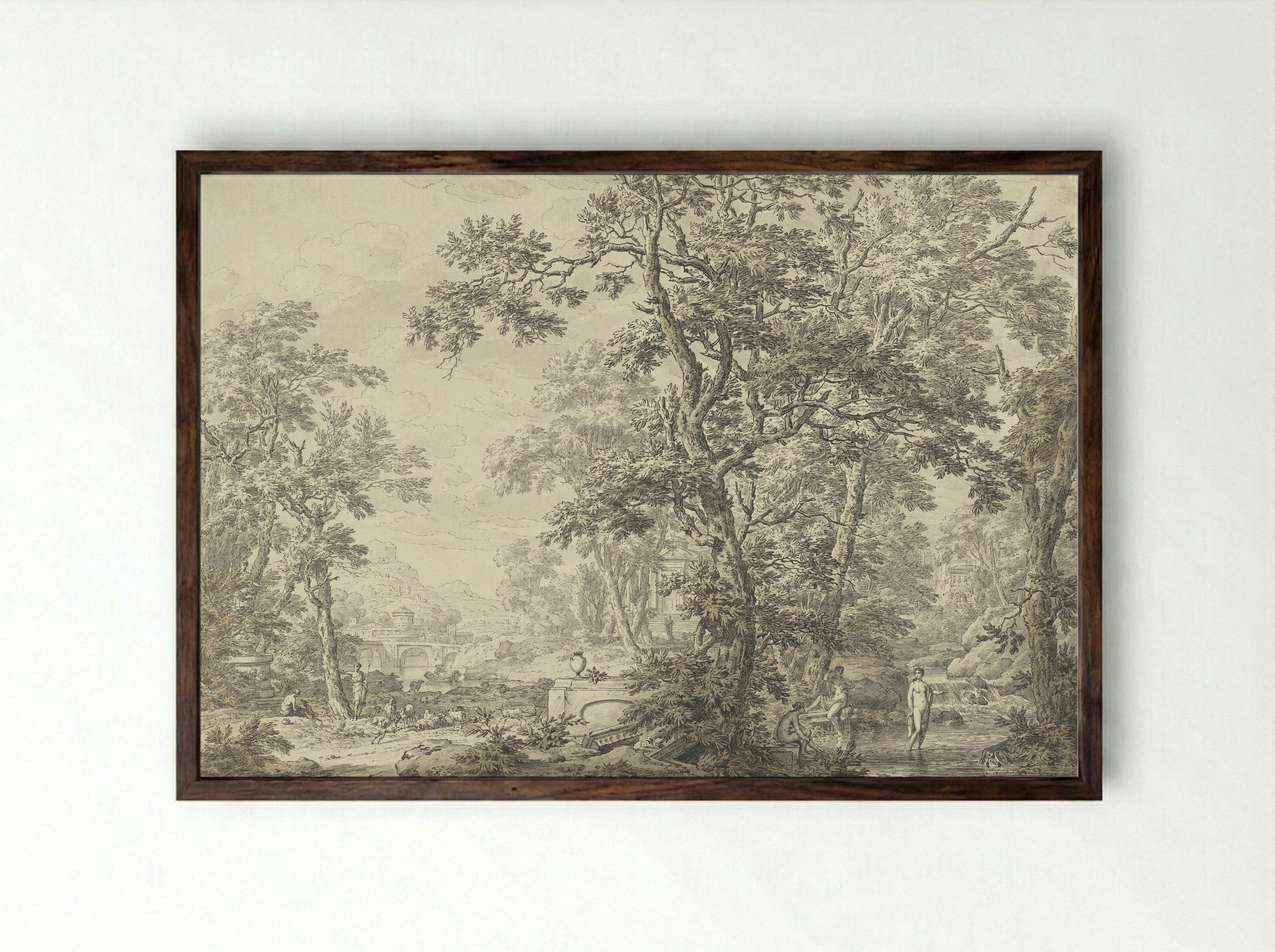 Arcadian Landscape with Shepherd and Bathing Women - Jean Grandjean - Framed Print Dark Wood