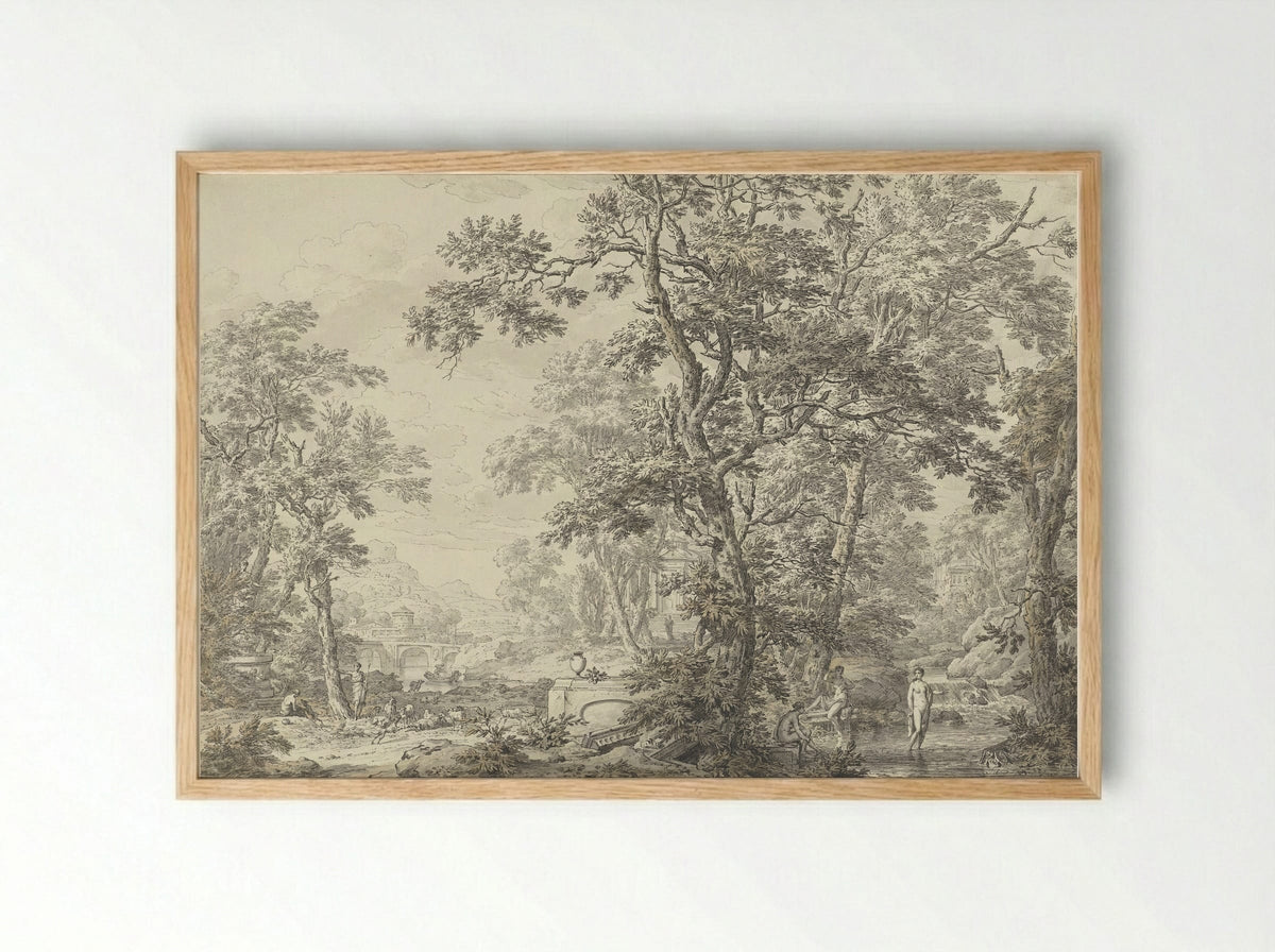 Arcadian Landscape with Shepherd and Bathing Women - Jean Grandjean - Framed Print Wood