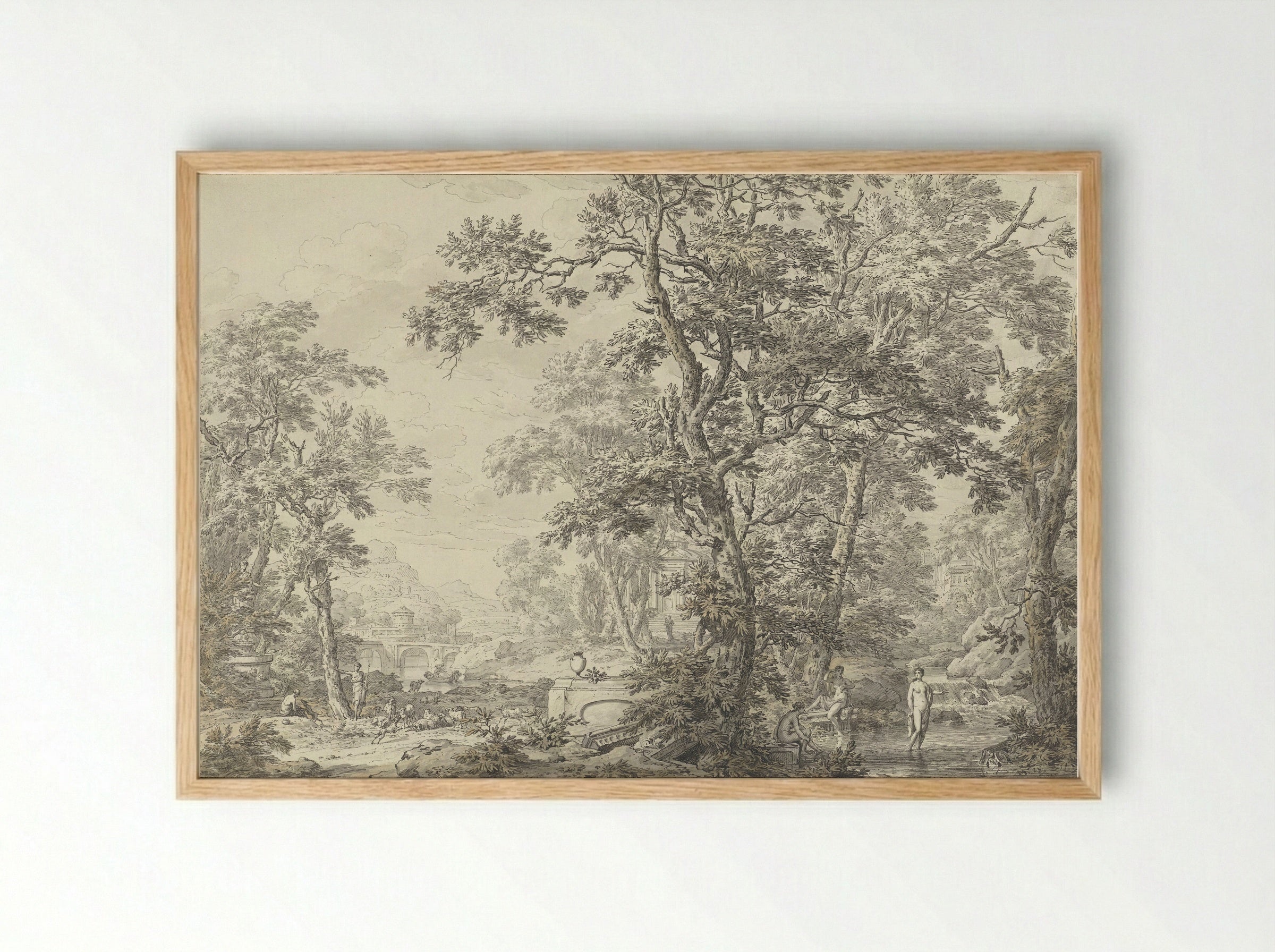 Arcadian Landscape with Shepherd and Bathing Women - Jean Grandjean - Framed Print Wood