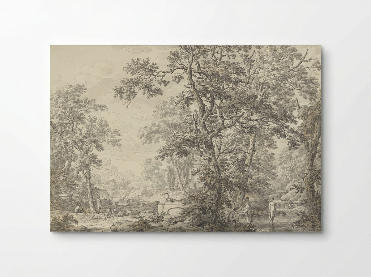Arcadian Landscape with Shepherd and Bathing Women - Jean Grandjean - Poster