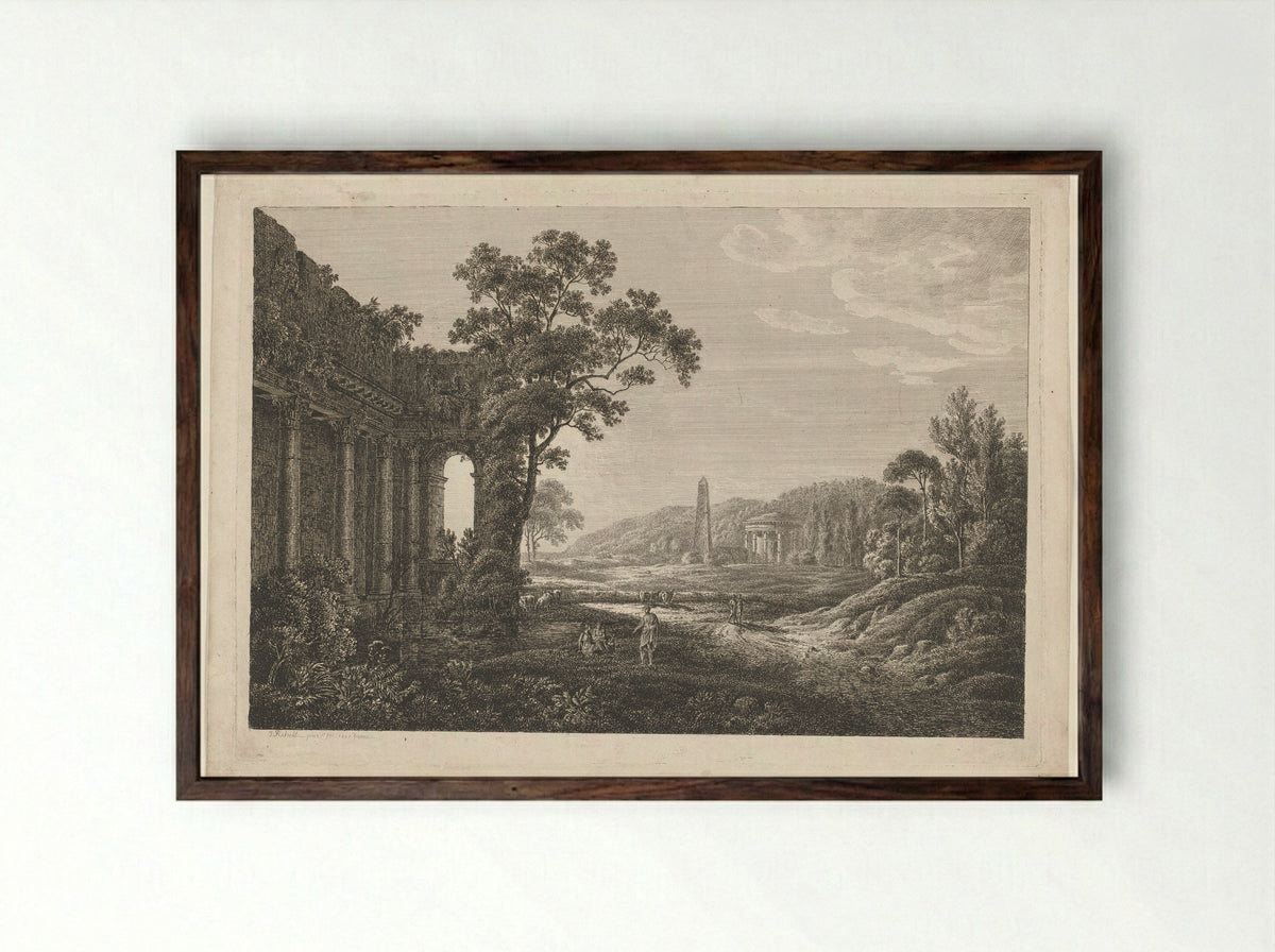 Arcadian Scene with Ruined Temple, Obelisk, Figures and Cattle - Joseph Rebell - Framed Print Dark Wood