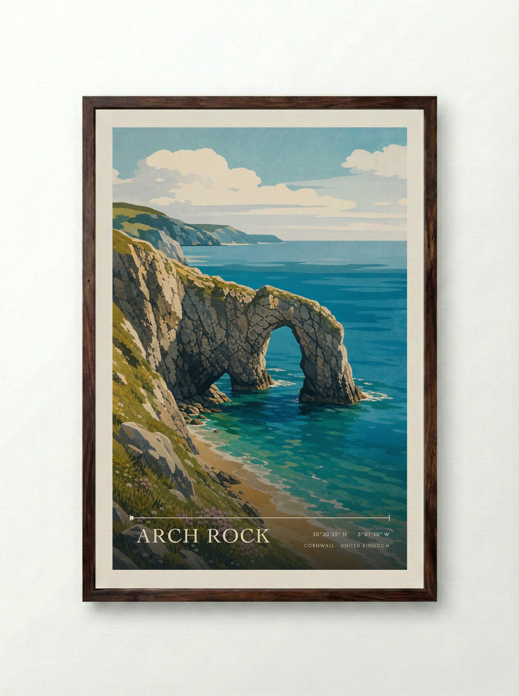 Arch Rock Cornwall United Kingdom Travel Poster - Framed Print Dark Wood