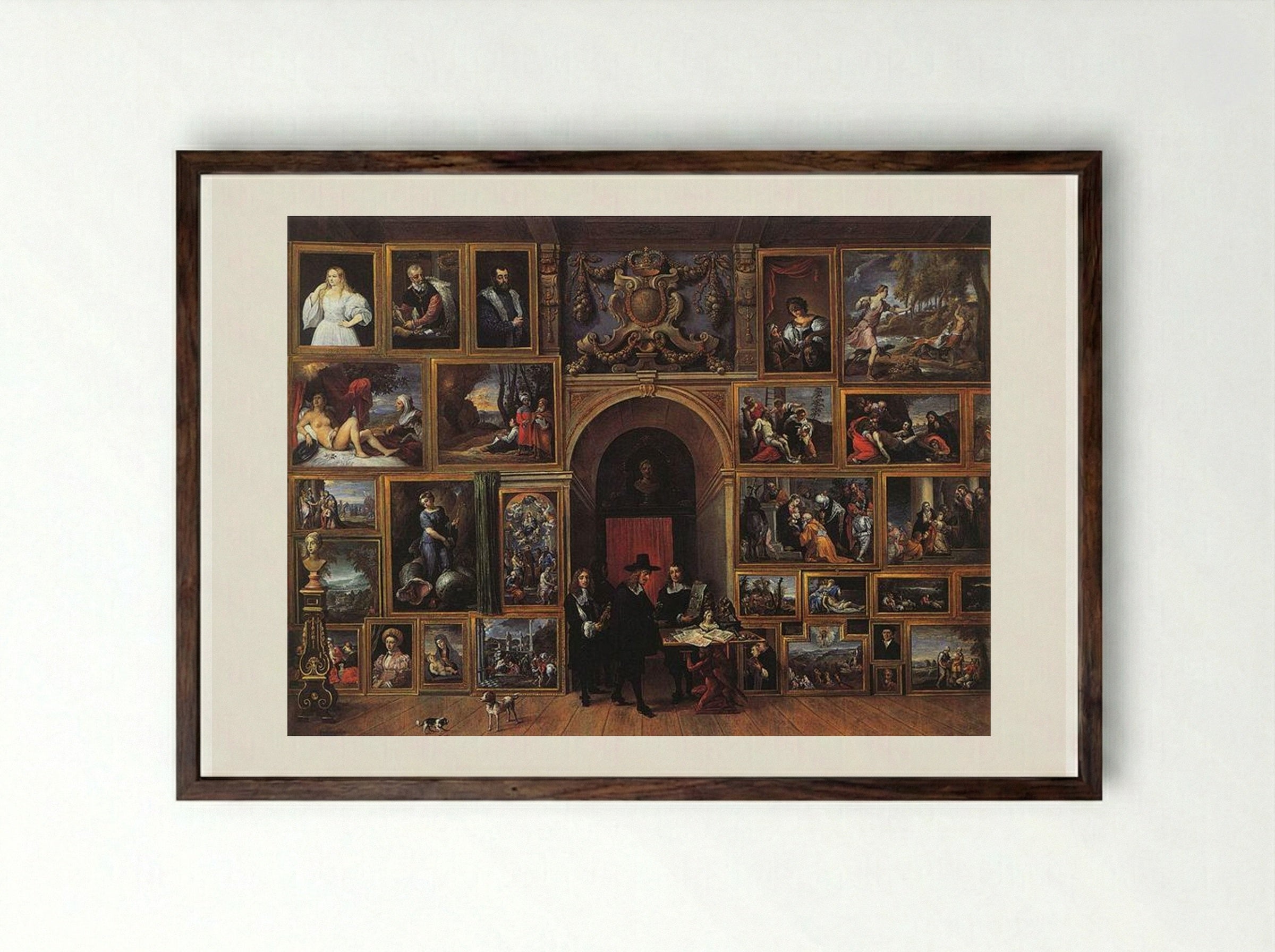 Archduke Leopold Wilhelm of Austria in his Gallery - David Teniers the Younger - Framed Print Dark Wood