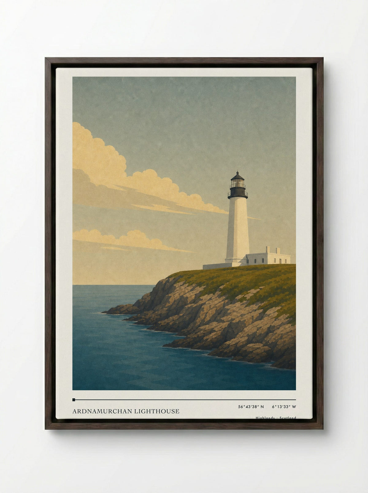 Ardnamurchan Lighthouse Travel Poster Artwork - Framed Canvas Dark Wood
