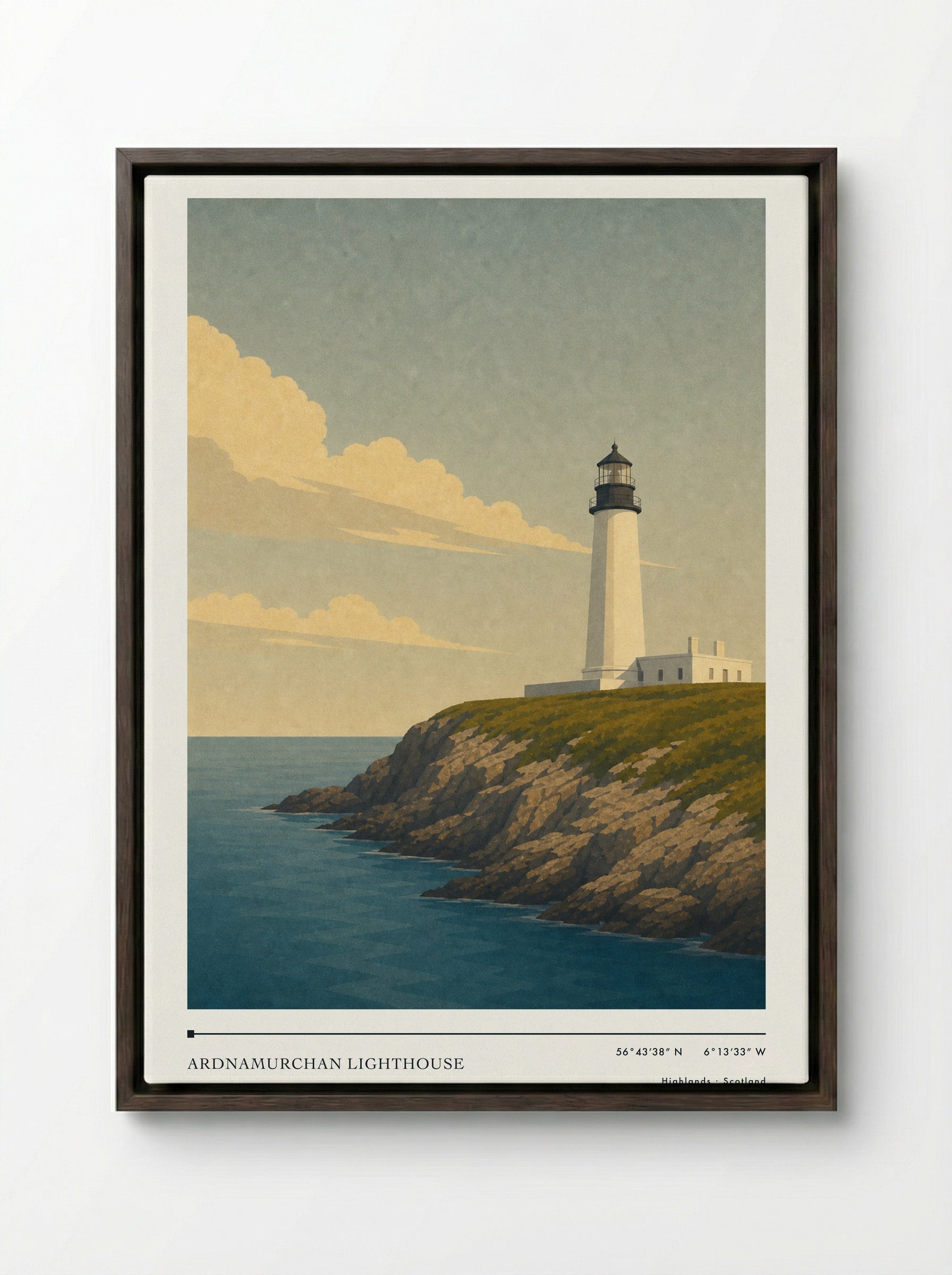 Ardnamurchan Lighthouse Travel Poster Artwork - Framed Canvas Dark Wood