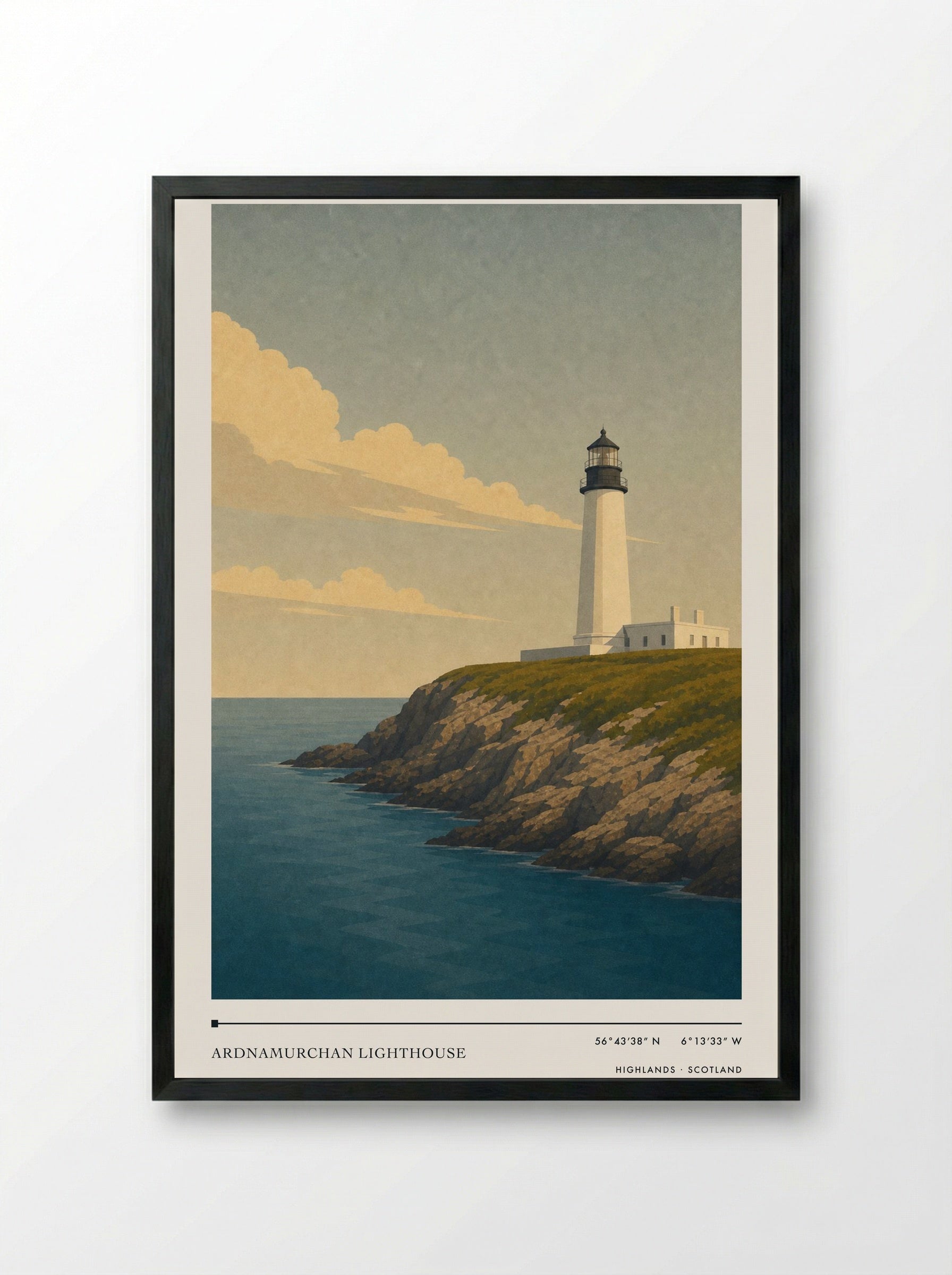 Ardnamurchan Lighthouse Travel Poster Artwork - Framed Print Black