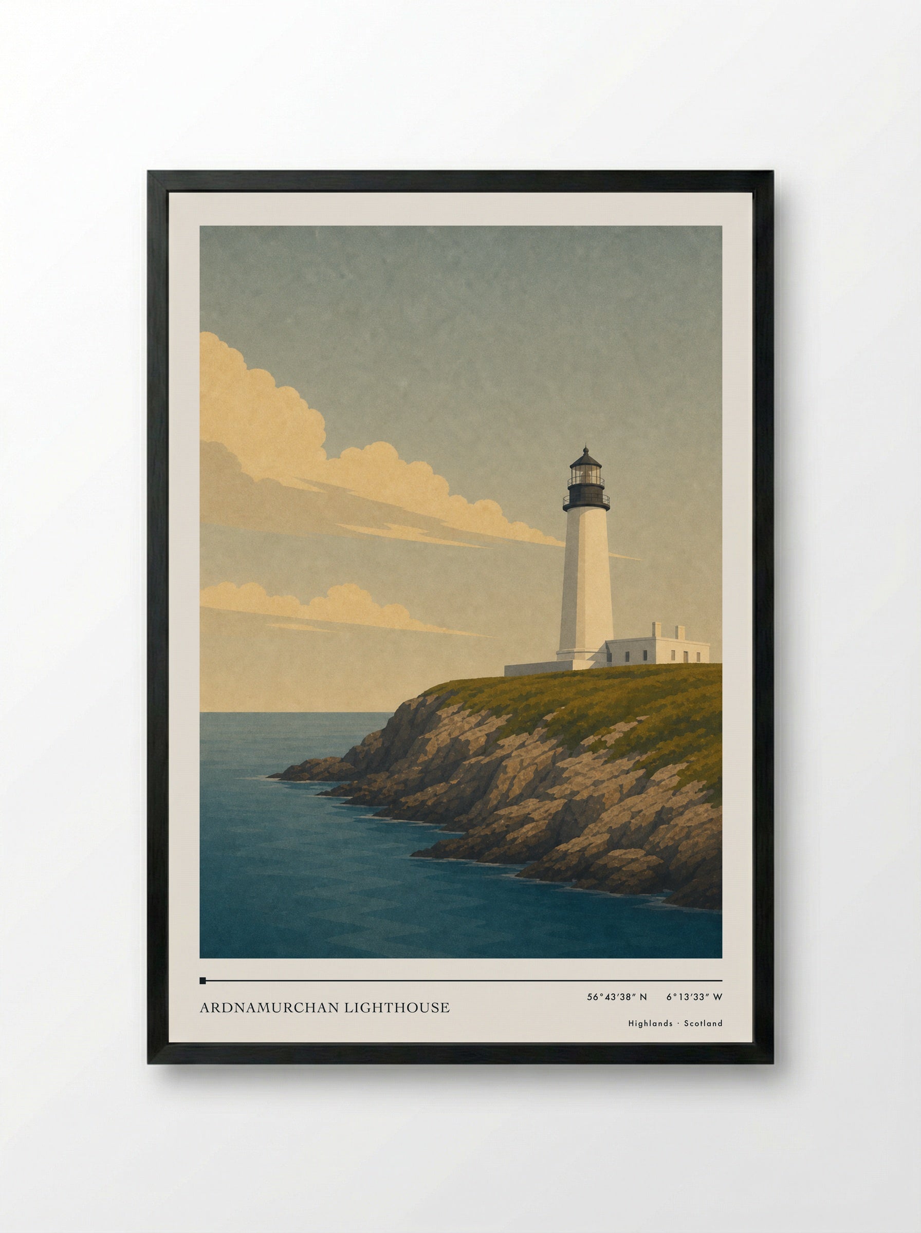 Ardnamurchan Lighthouse Travel Poster Artwork - Framed Print Black