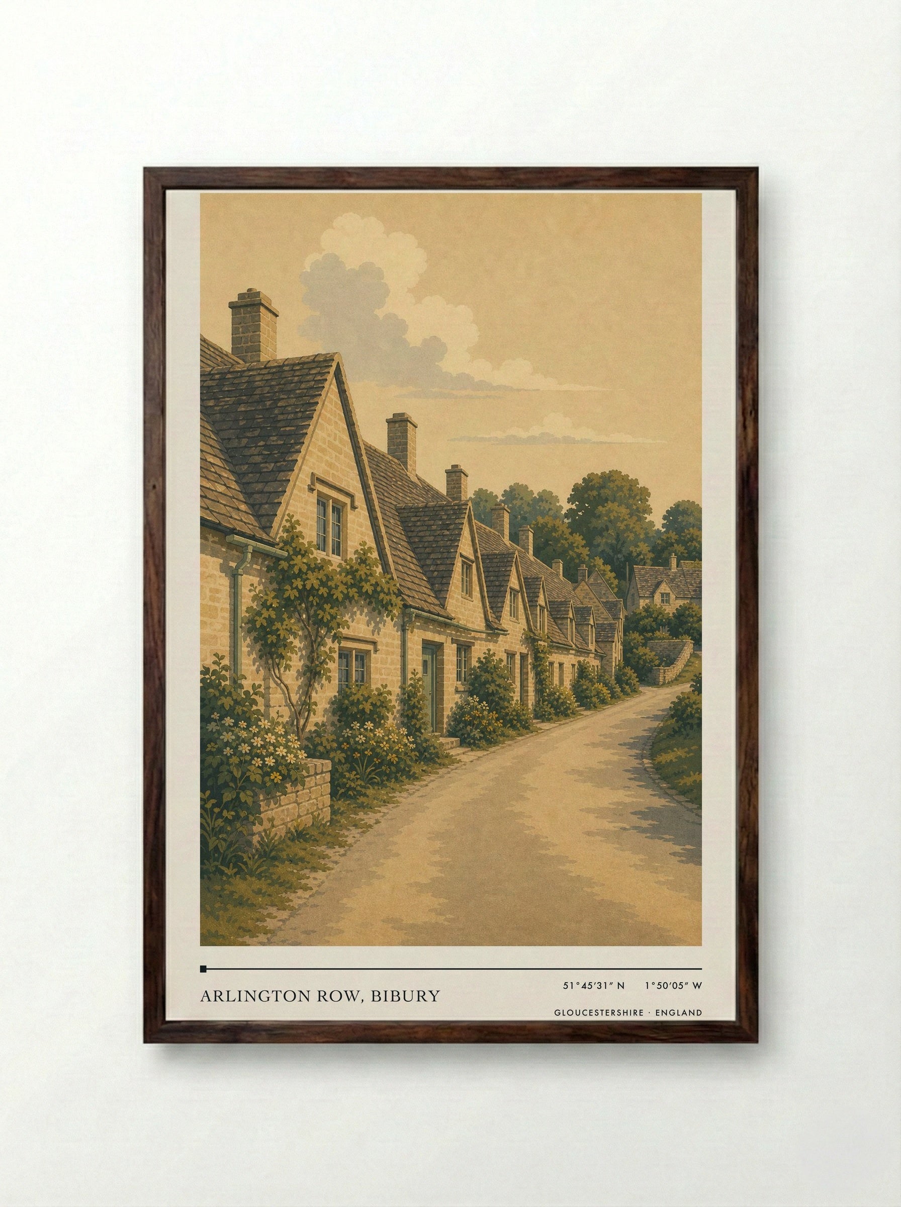 Arlington Row, Bibury Gloucestershire England Travel Poster - Framed Print Dark Wood