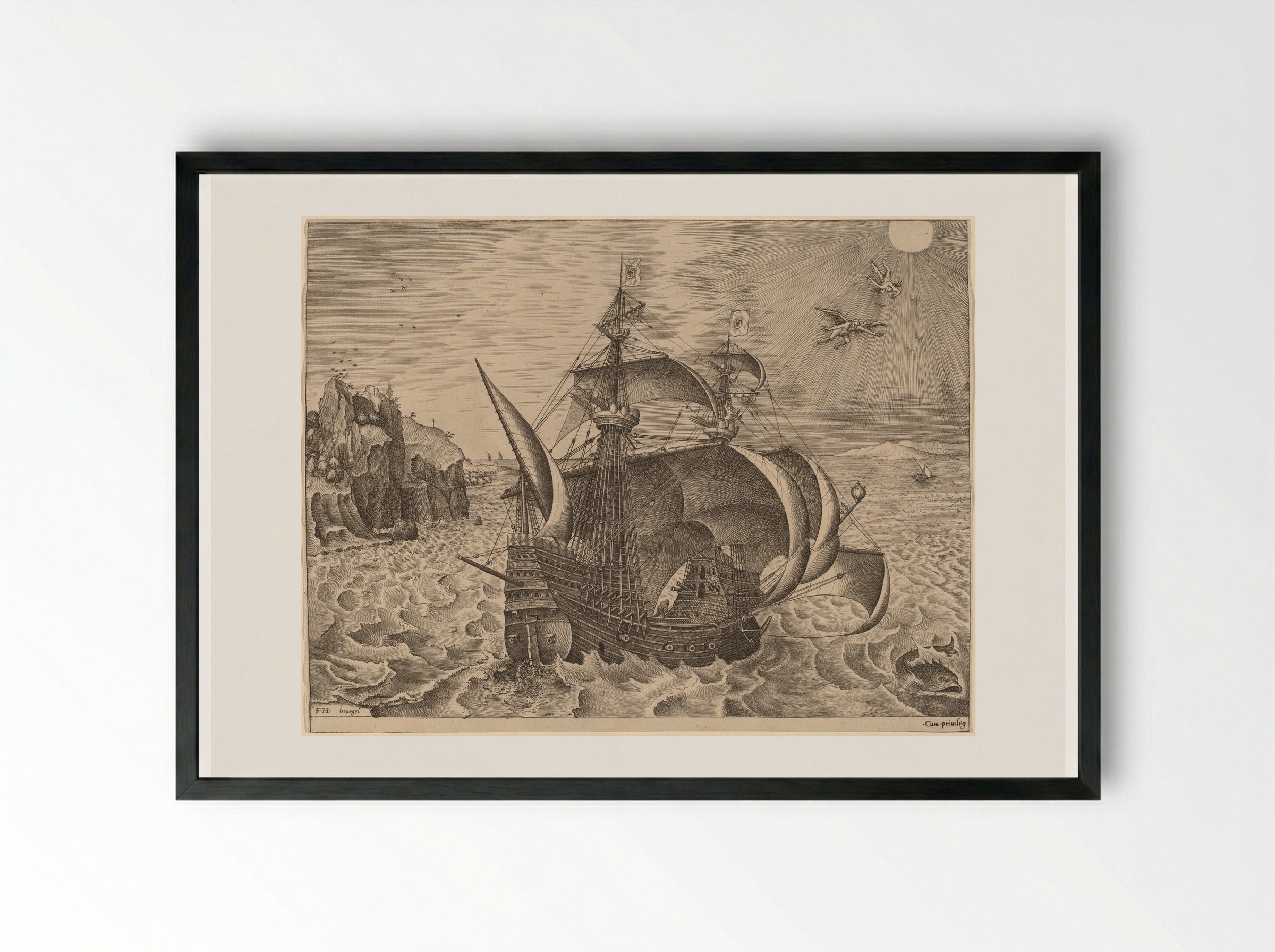 Armed Three-Master with Daedalus and Icarus - Pieter Bruegel the Elder - Framed Print Black