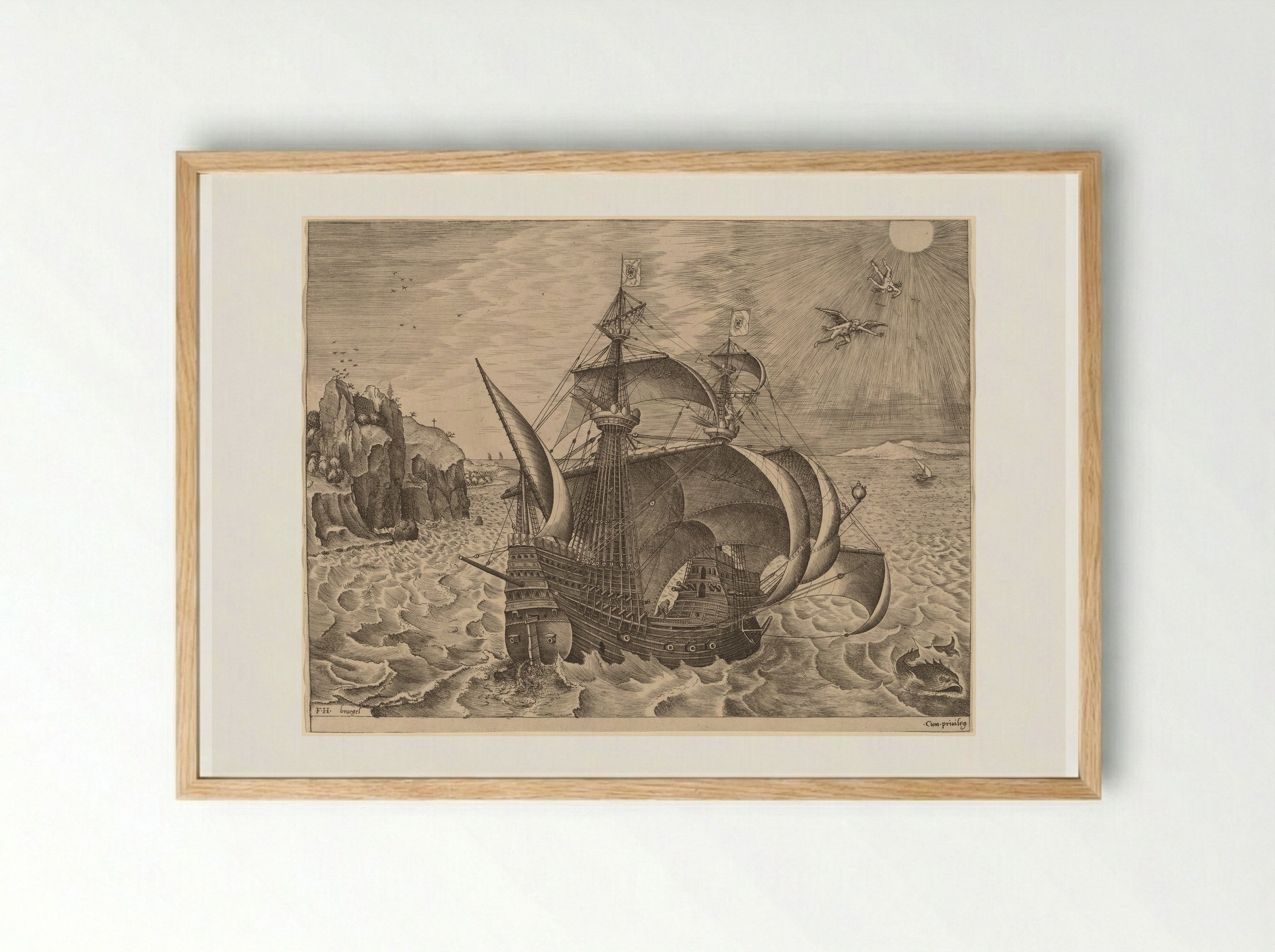 Armed Three-Master with Daedalus and Icarus - Pieter Bruegel the Elder - Framed Print Wood