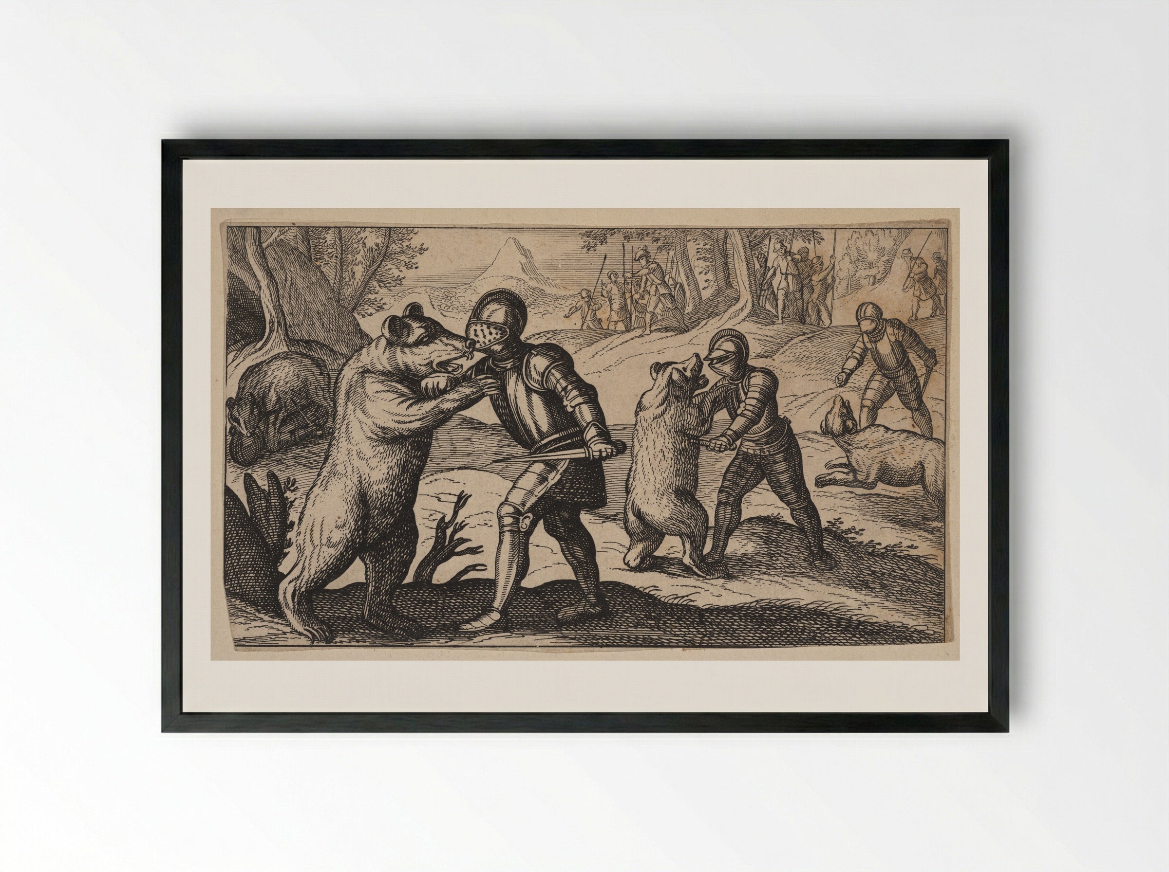 Armored Men Fighting Bears - Antonio Tempesta - Framed Print Black