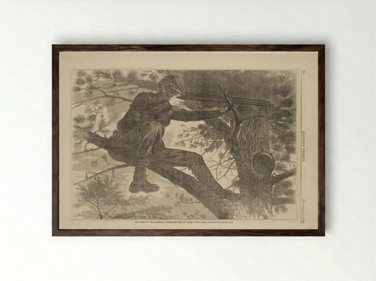 Army of the Potomac - A Sharp Shooter on Picket Duty - Winslow Homer - Framed Print Dark Wood