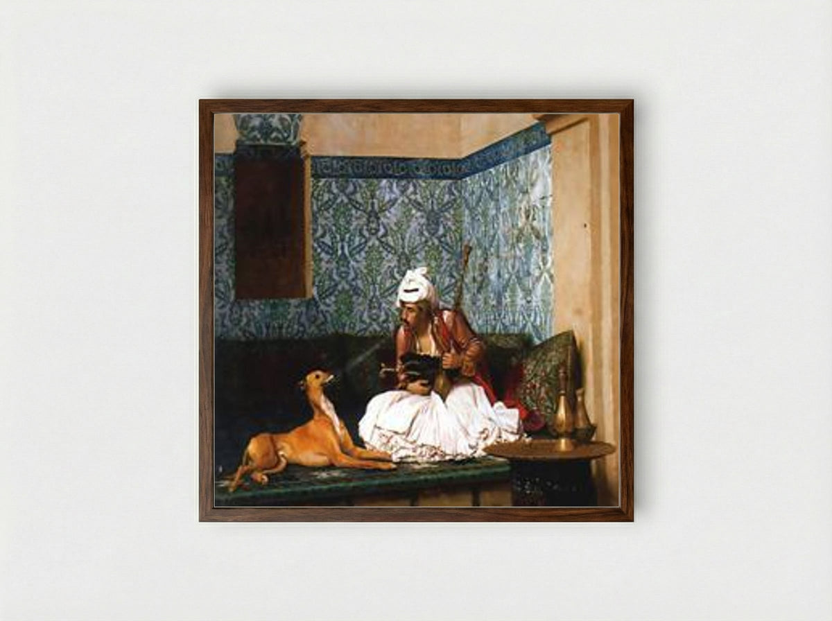 Arnaut Blowing Smoke at the Nose of His Dog - Jean-Léon Gérôme - Framed Print Dark Wood