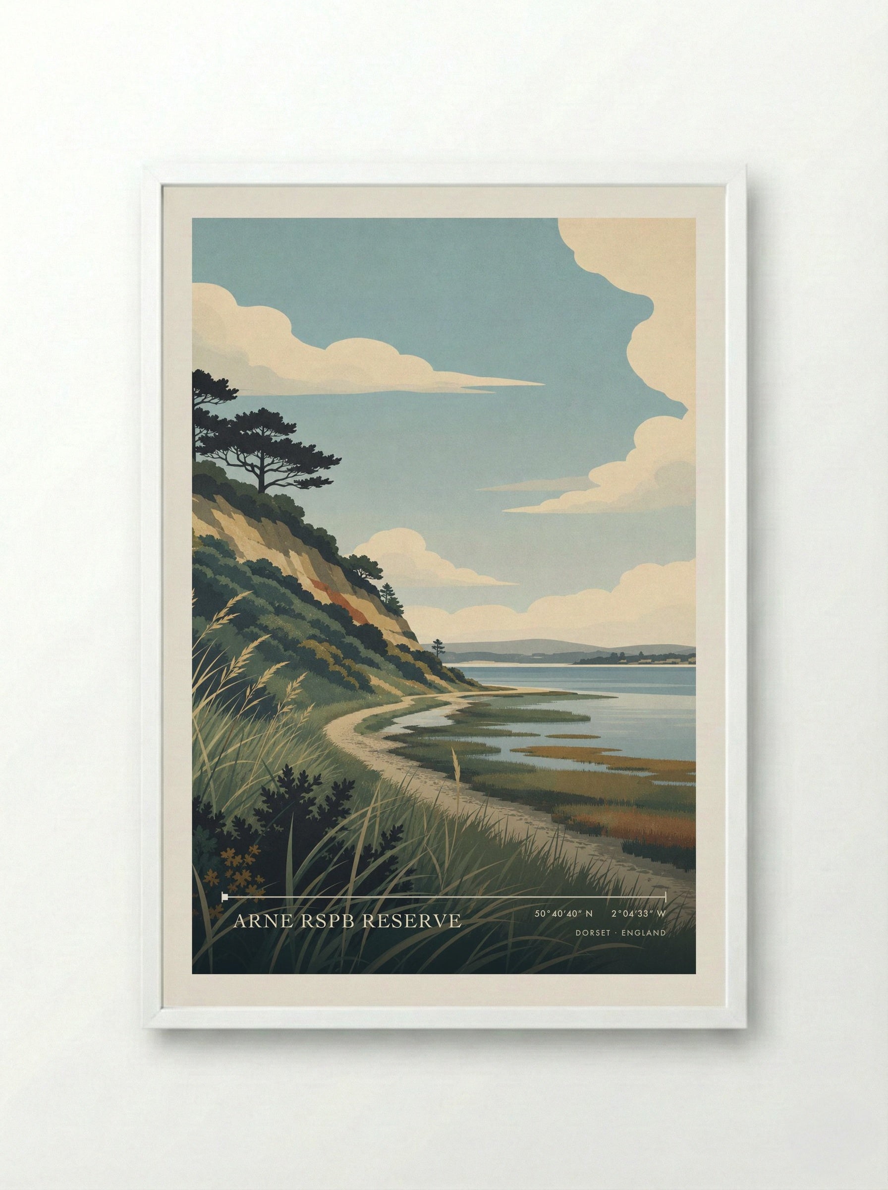Arne RSPB Reserve Dorset England Travel Poster - Framed Print White