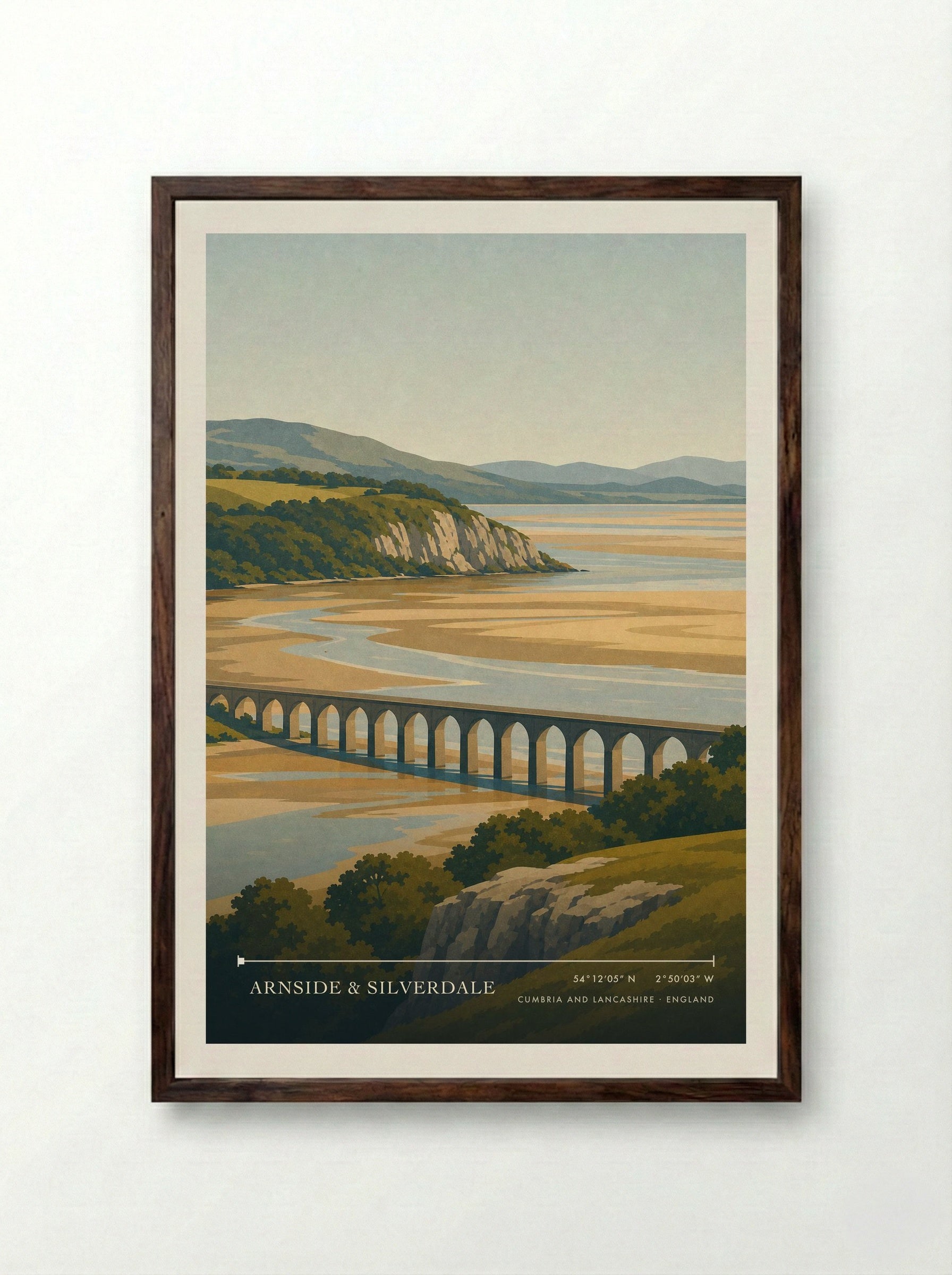 Arnside & Silverdale Travel Poster Artwork - Framed Print Dark Wood