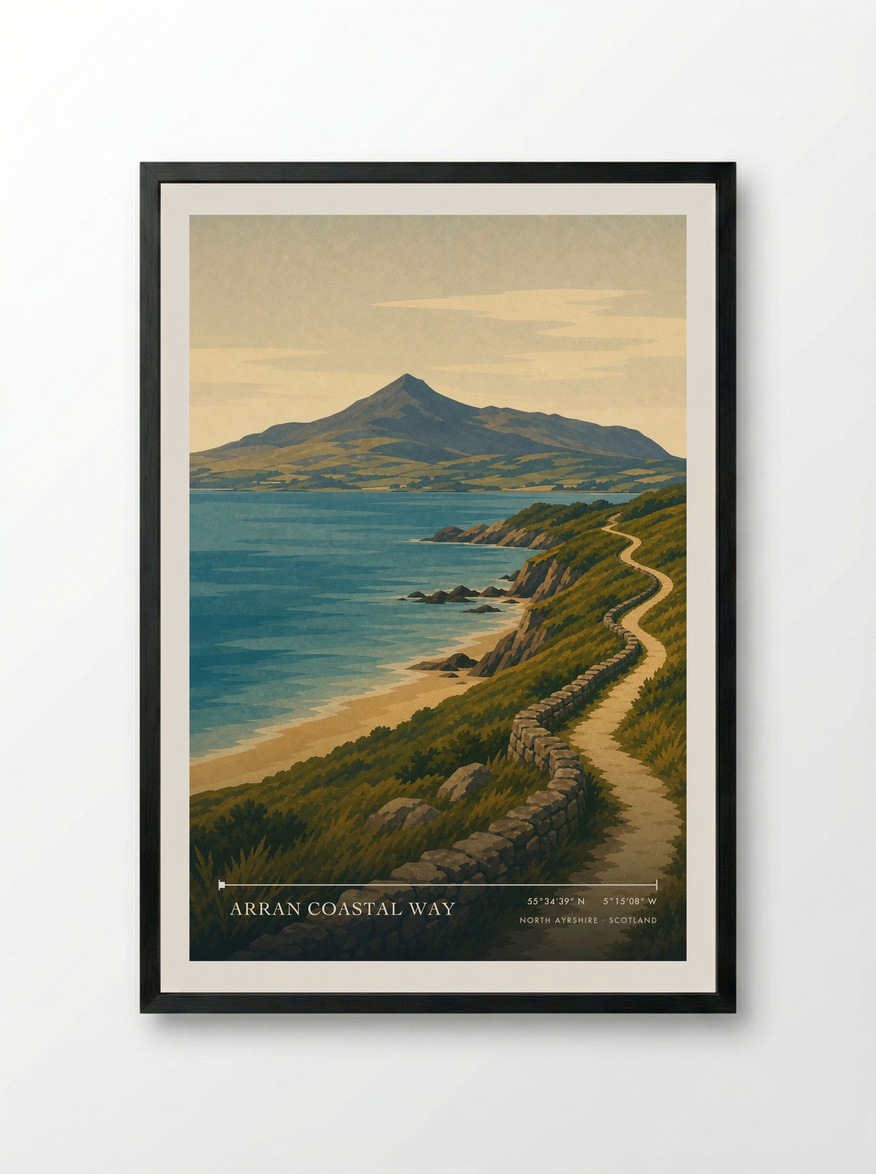 Arran Coastal Way Travel Poster Artwork - Framed Print Black