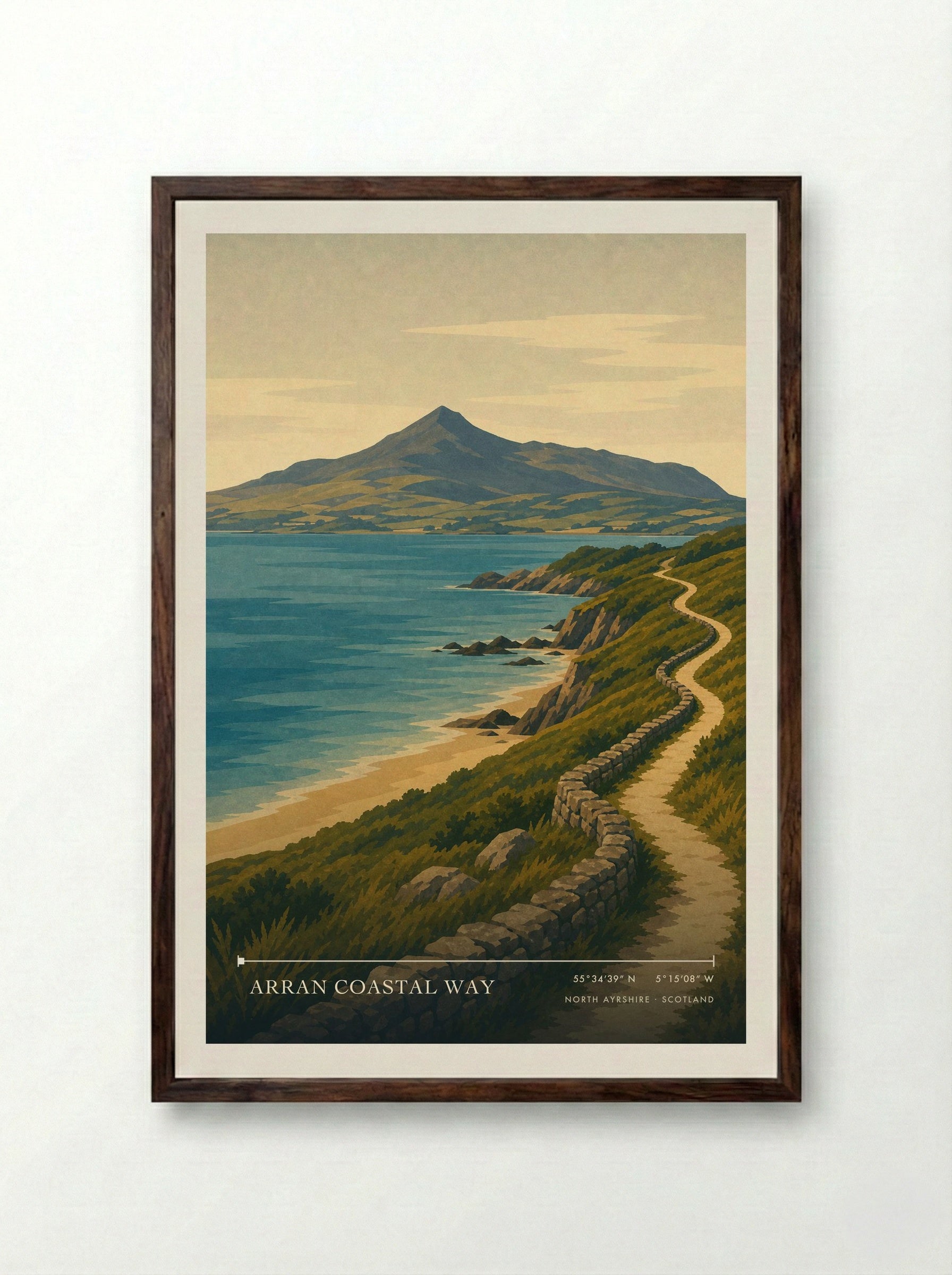 Arran Coastal Way Travel Poster Artwork - Framed Print Dark Wood