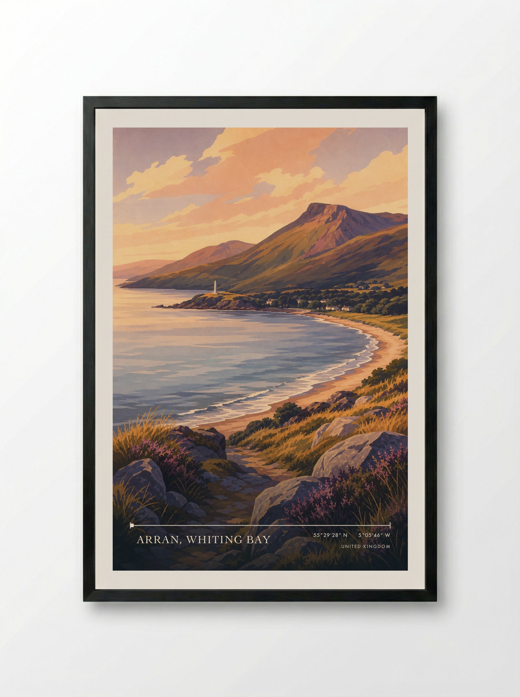 Arran, Whiting Bay United Kingdom Travel Poster - Framed Print Black