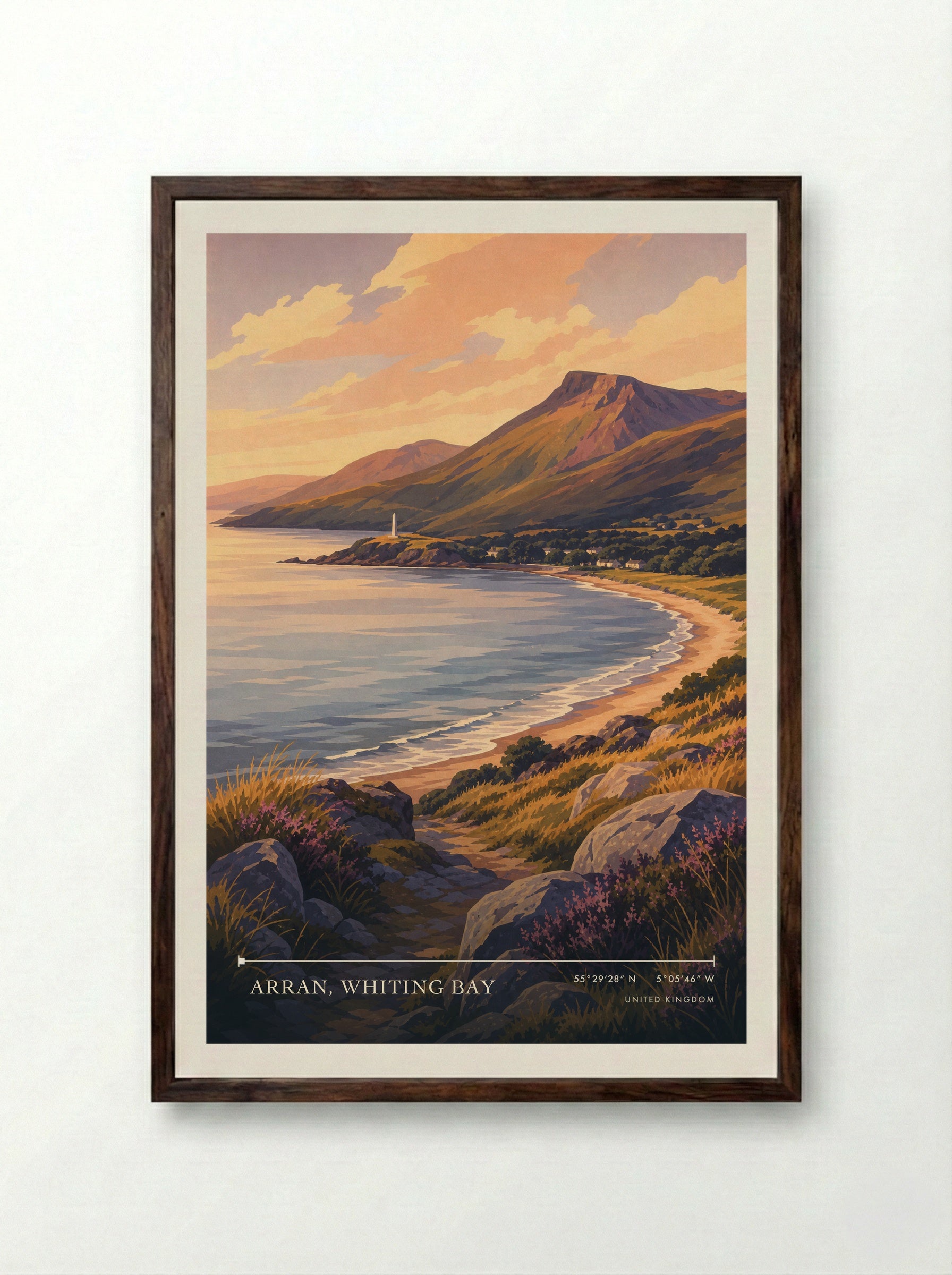 Arran, Whiting Bay United Kingdom Travel Poster - Framed Print Dark Wood