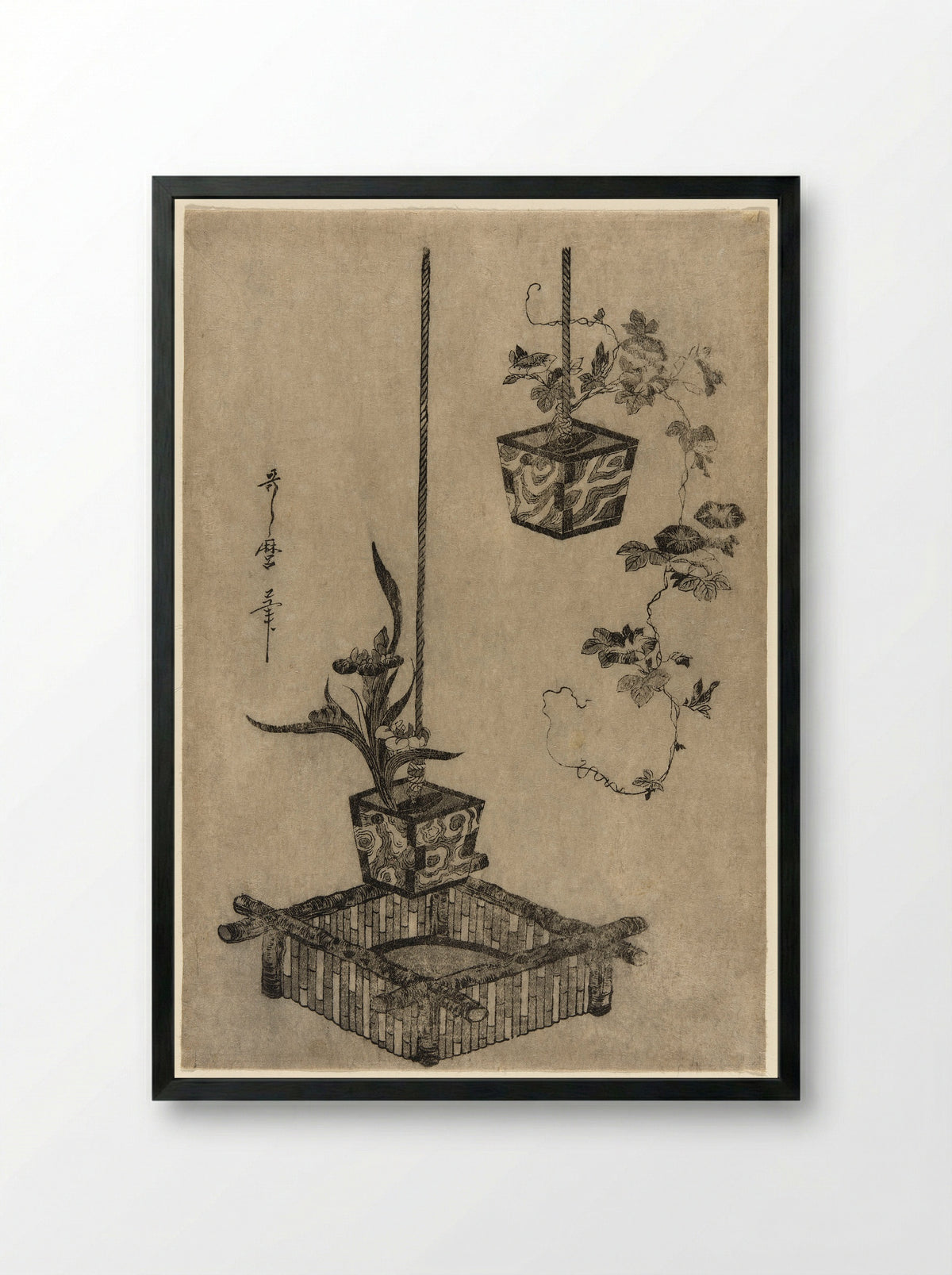Arrangements of Irises and Morning Glories - Kitagawa Utamaro - Framed Print Black