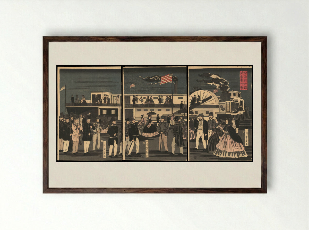 Arrival and Departure of an American Steamship - Utagawa Yoshikazu - Framed Print Dark Wood