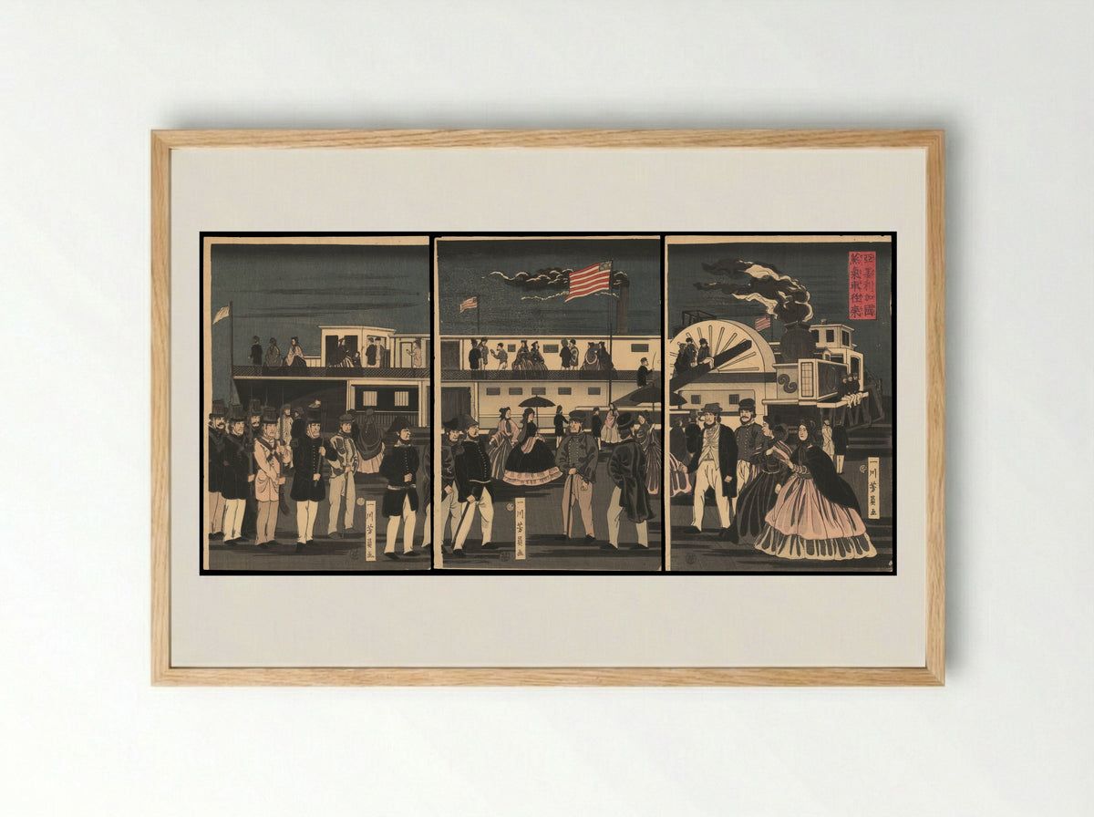 Arrival and Departure of an American Steamship - Utagawa Yoshikazu - Framed Print Wood
