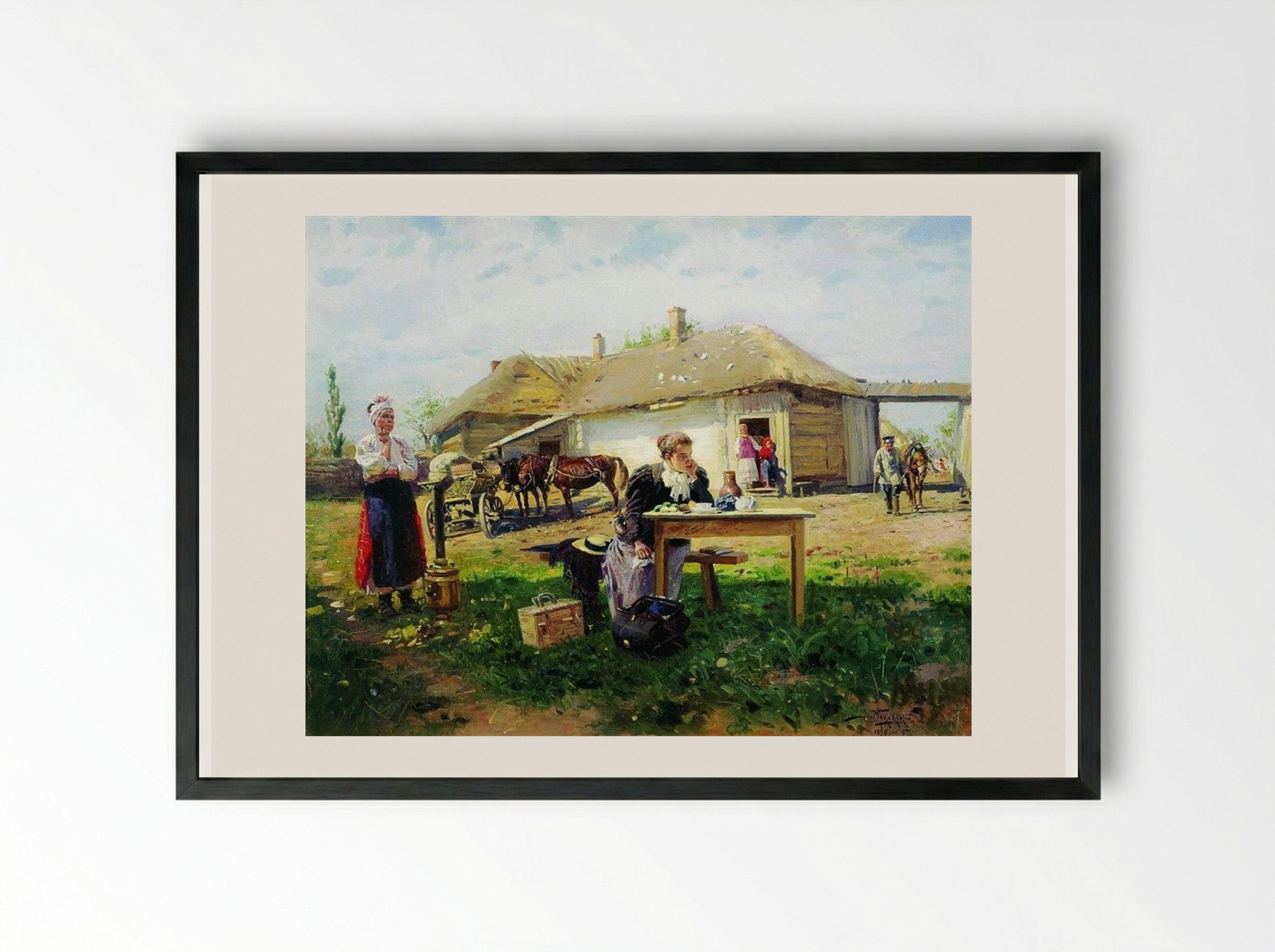 Arrival of a School Mistress in the Countryside - Vladimir Makovsky - Framed Print Black