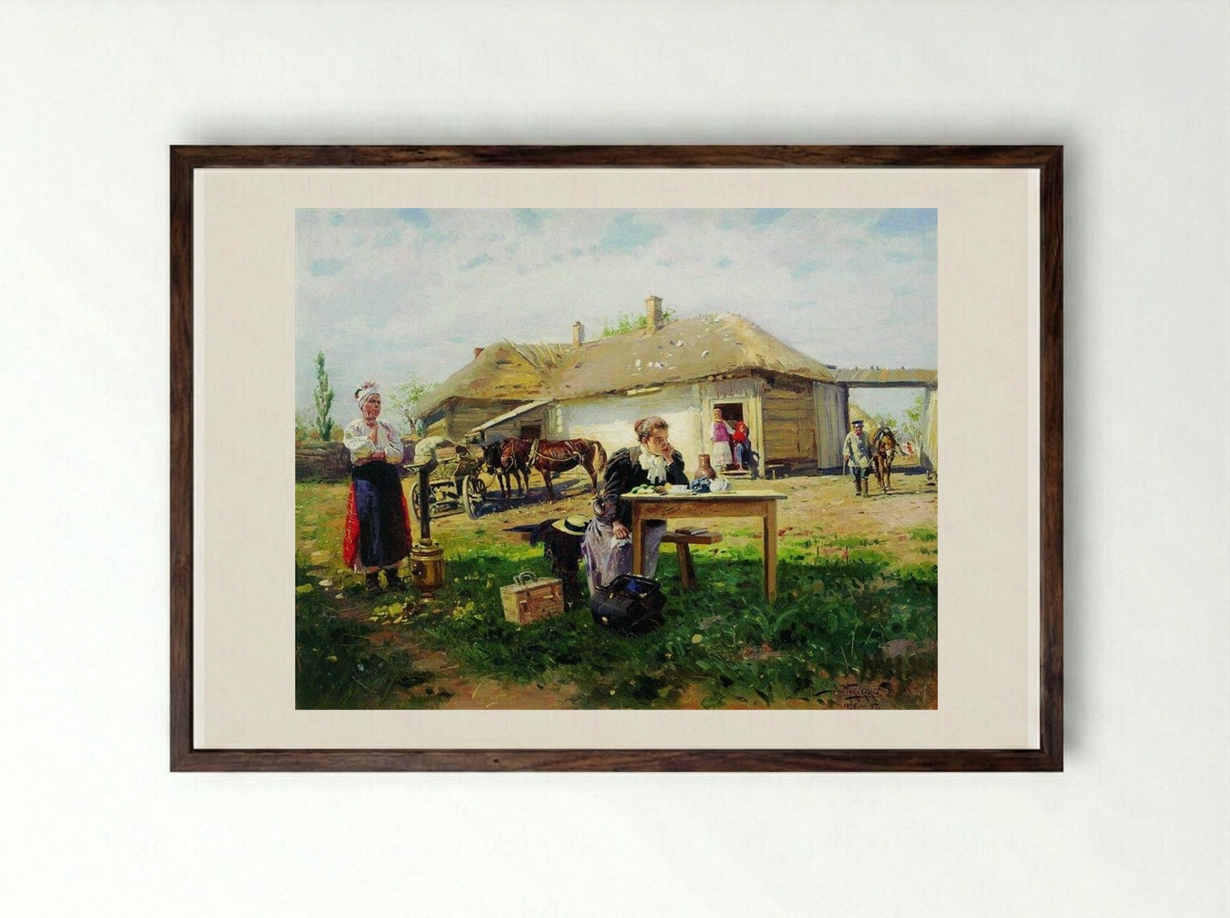 Arrival of a School Mistress in the Countryside - Vladimir Makovsky - Framed Print Dark Wood