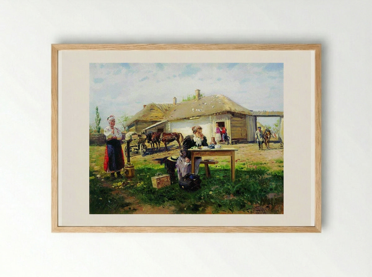 Arrival of a School Mistress in the Countryside - Vladimir Makovsky - Framed Print Wood