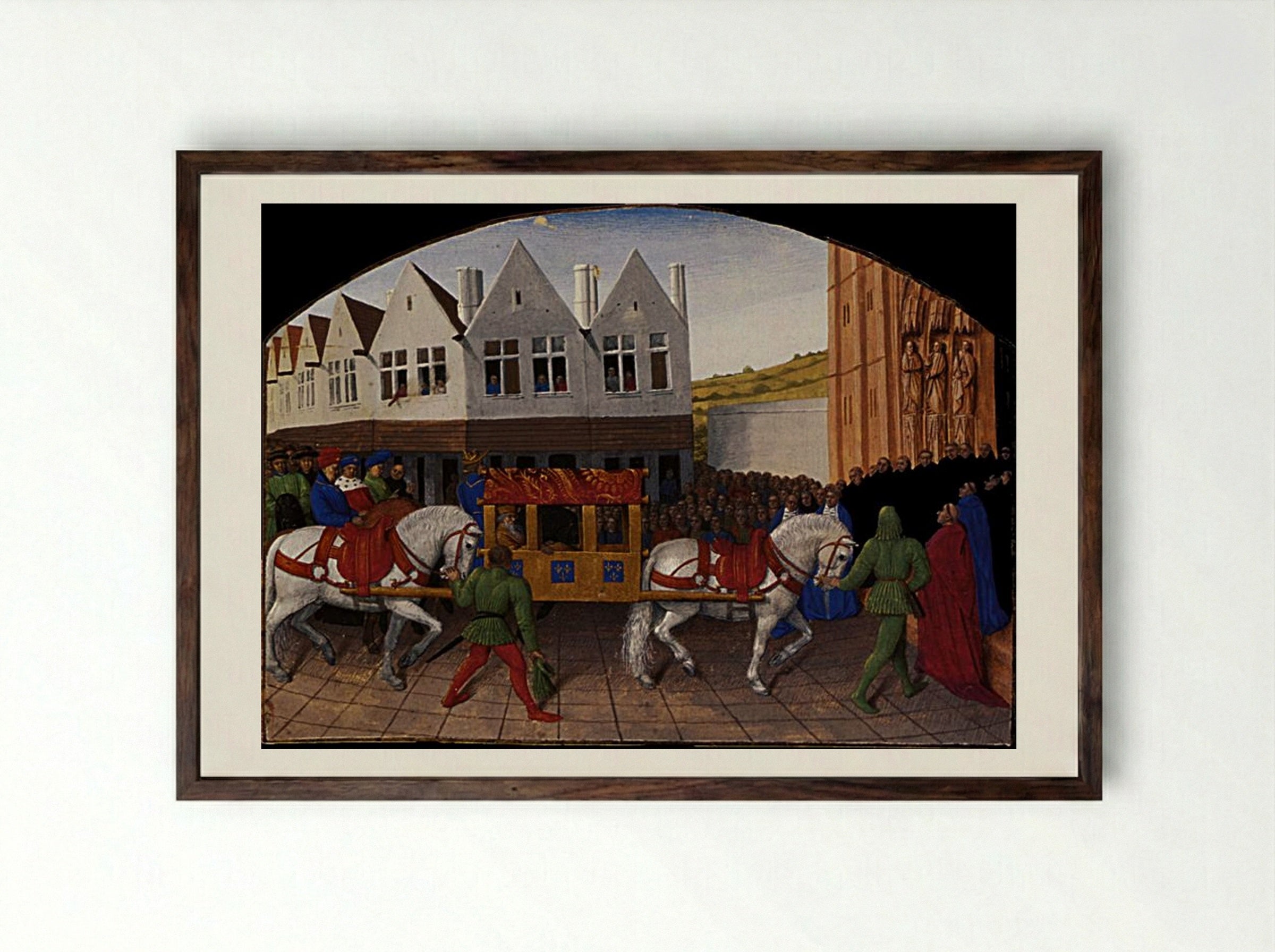 Arrival of the Emperor Charles IV in front of Saint Denis - Jean Fouquet - Framed Print Dark Wood