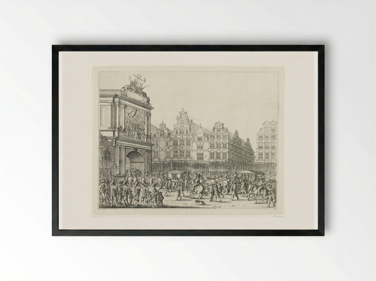 Arrival of the Procession Along the Nieuwerdijk on the Dam - Salomon Savery - Framed Print Black
