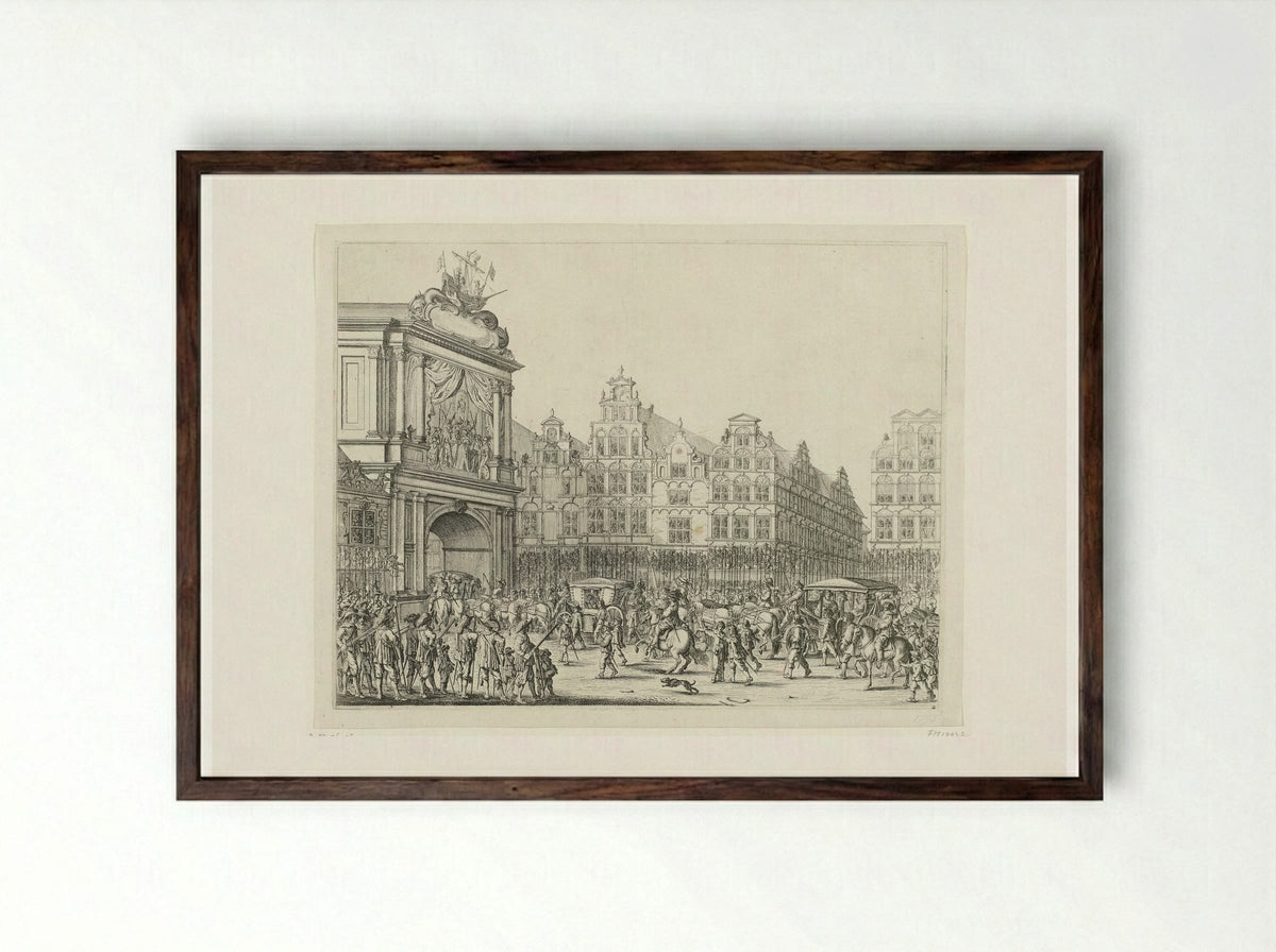 Arrival of the Procession Along the Nieuwerdijk on the Dam - Salomon Savery - Framed Print Dark Wood