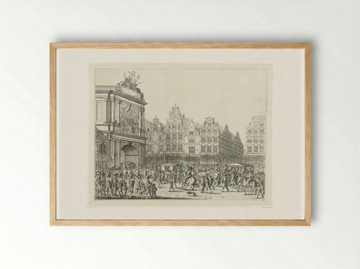 Arrival of the Procession Along the Nieuwerdijk on the Dam - Salomon Savery - Framed Print Wood