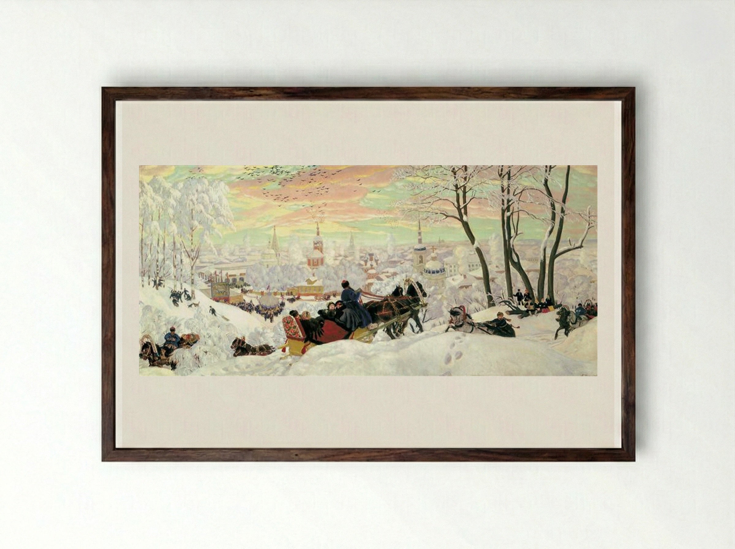 Arriving for Shrovetide - Boris Kustodiev - Framed Print Dark Wood