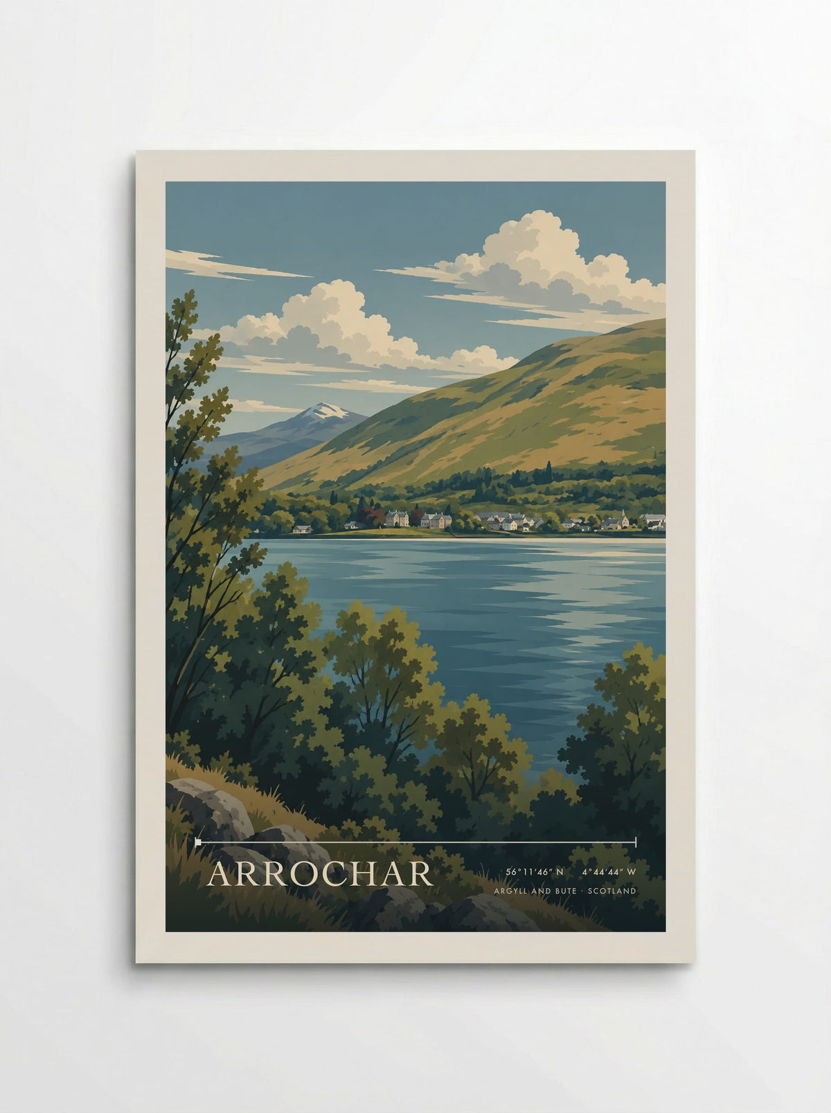 Arrochar, Argyll and Bute travel poster: pale shoreline houses, blue green Loch Long water and wooded mountain slopes framed by fresh spring foliage