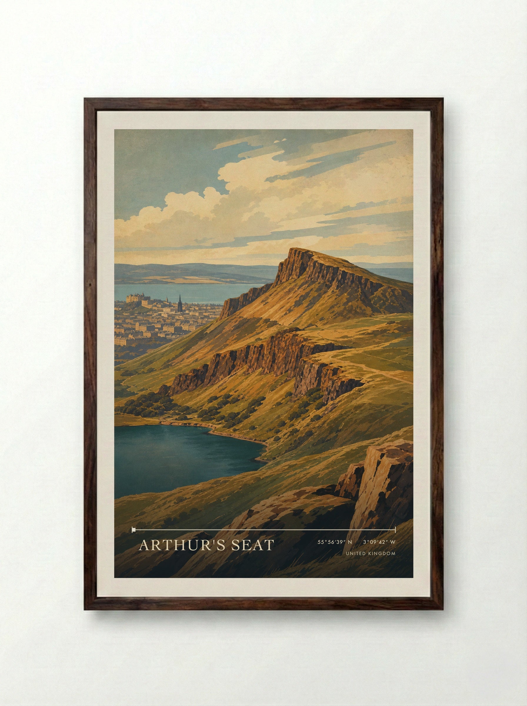 Arthur's Seat United Kingdom Travel Poster - Framed Print Dark Wood