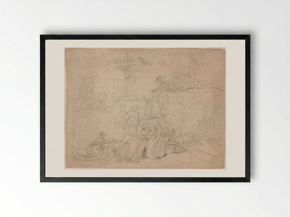 Artist Sketching amid Roman Ruins - Hubert Robert - Framed Print Black