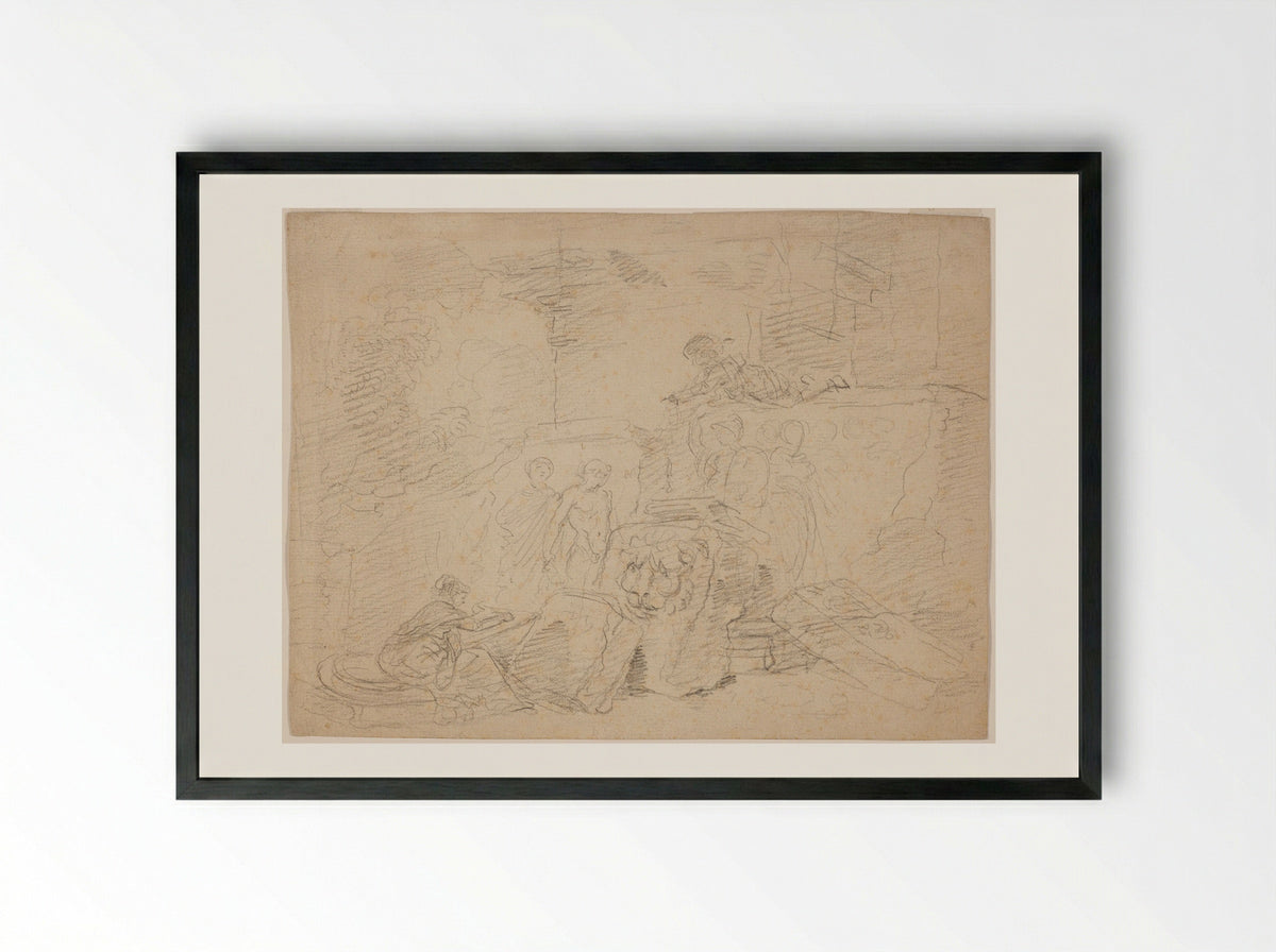 Artist Sketching amid Roman Ruins - Hubert Robert - Framed Print Black
