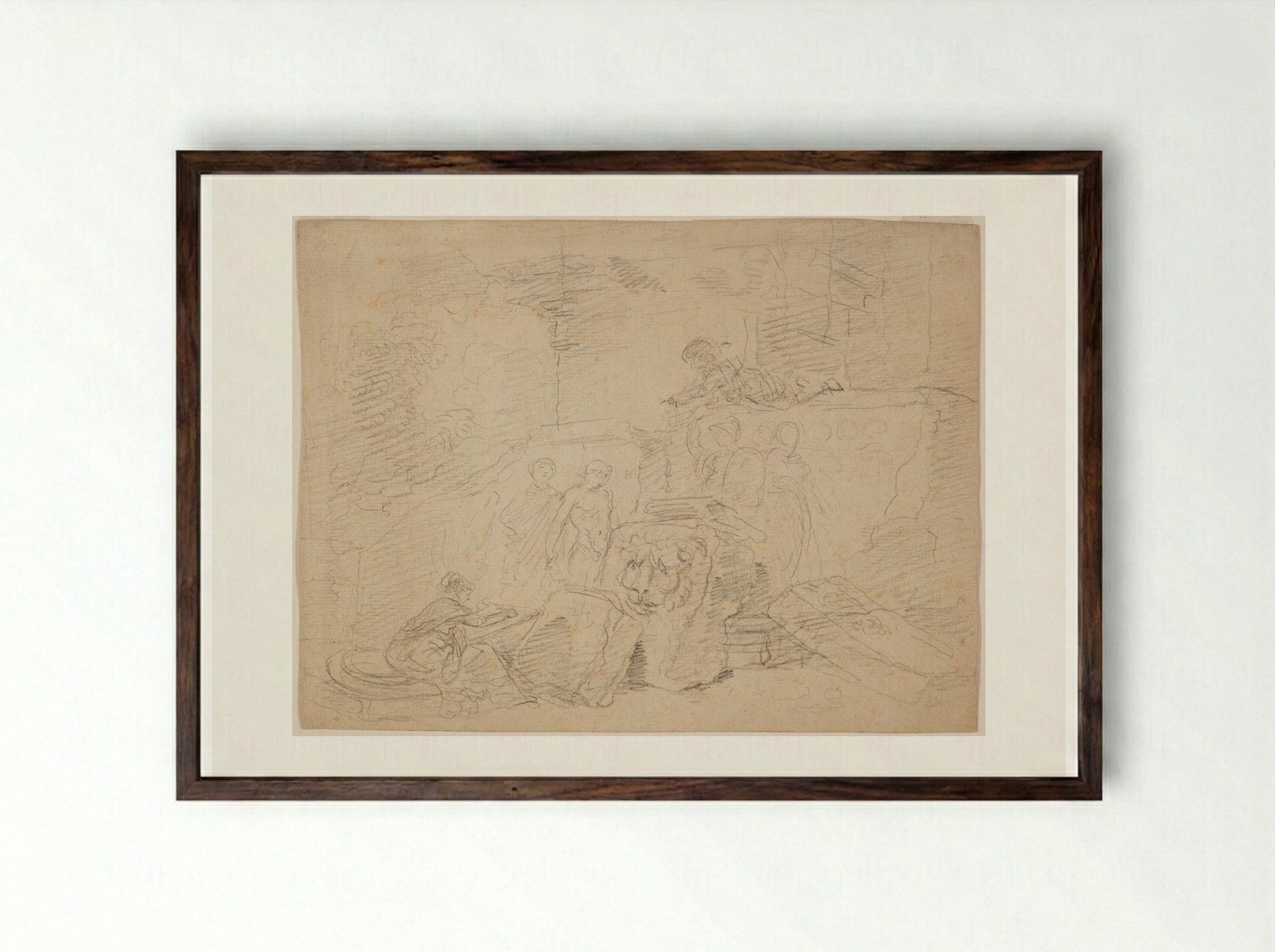 Artist Sketching amid Roman Ruins - Hubert Robert - Framed Print Dark Wood