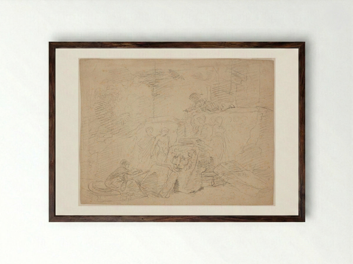 Artist Sketching amid Roman Ruins - Hubert Robert - Framed Print Dark Wood